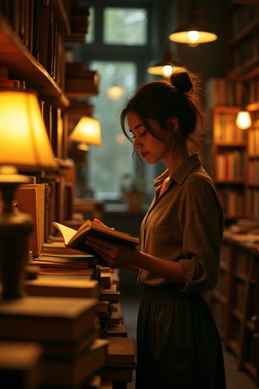 In a quaint,  dimly lit bookstore filled with the scent of old paper and coffee,  a shy writer with tousled hair browses t...