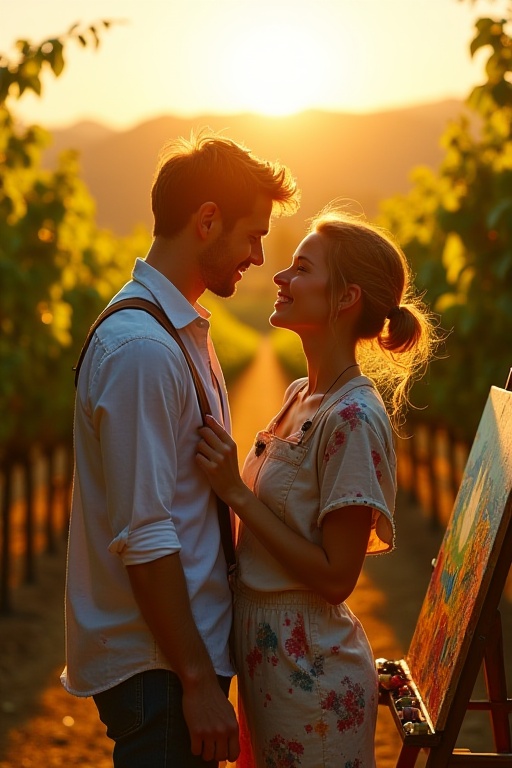 In a sun-drenched vineyard,  a passionate artist with paint-splattered clothes sets up her easel,  surrounded by rows of l...