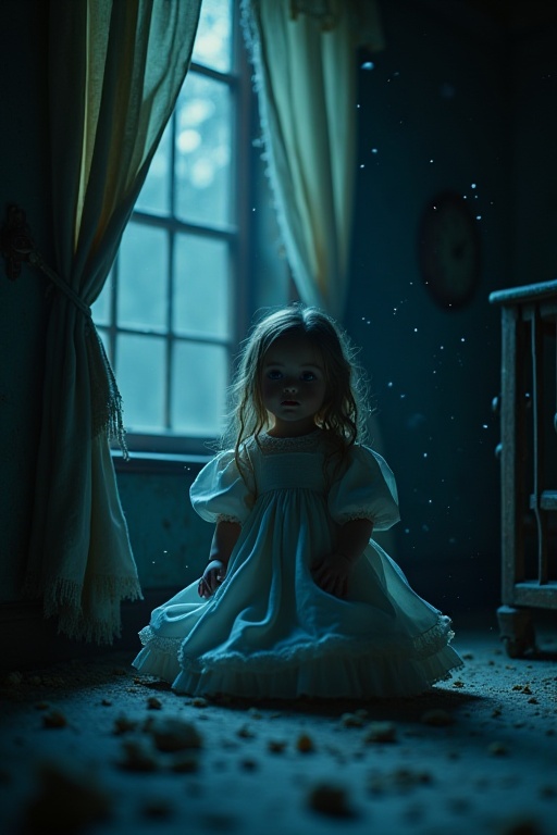 : In a dimly lit nursery,  a porcelain doll with lifelike eyes sits eerily still on a shelf,  its pristine dress contrasti...