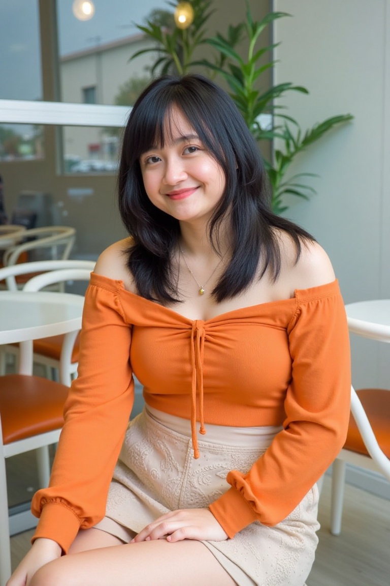 A portrait-style photograph of a woman seated in a modern,  minimalistic cafe. She has long,  straight dark hair on Tensor...