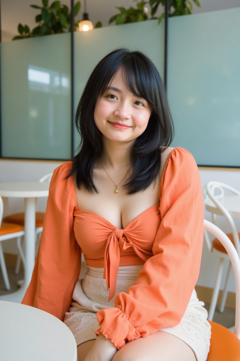A portrait-style photograph of a woman seated in a modern,  minimalistic cafe. She has long,  straight dark hair on Tensor...