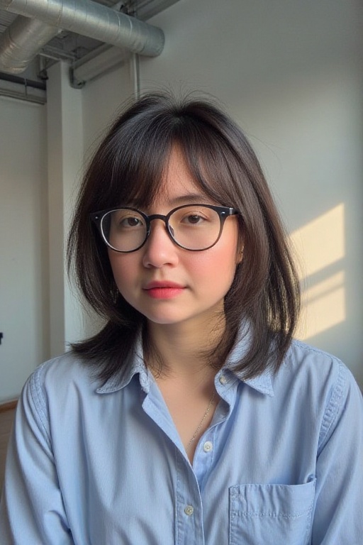 This is a high-resolution photograph of a young woman taken from a slightly low angle,  focusing on her upper body and fac...