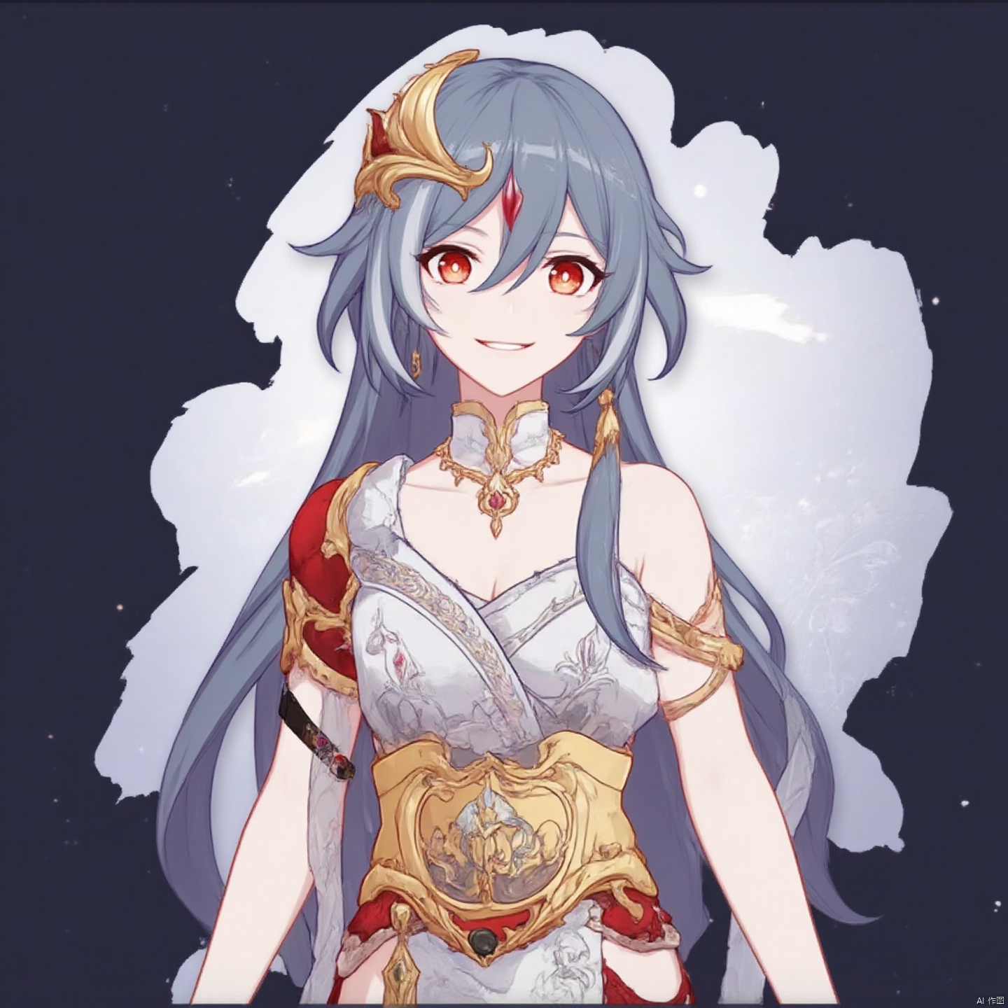 senti,fu_hua,long hair,smile, bangs,hair ornament,red eyes,hair between eyes,ponytail,silver hair,white hair,gray hair,multicolored hair,small breasts,streaked hair,yellow pupils,diamond shaped pupils,