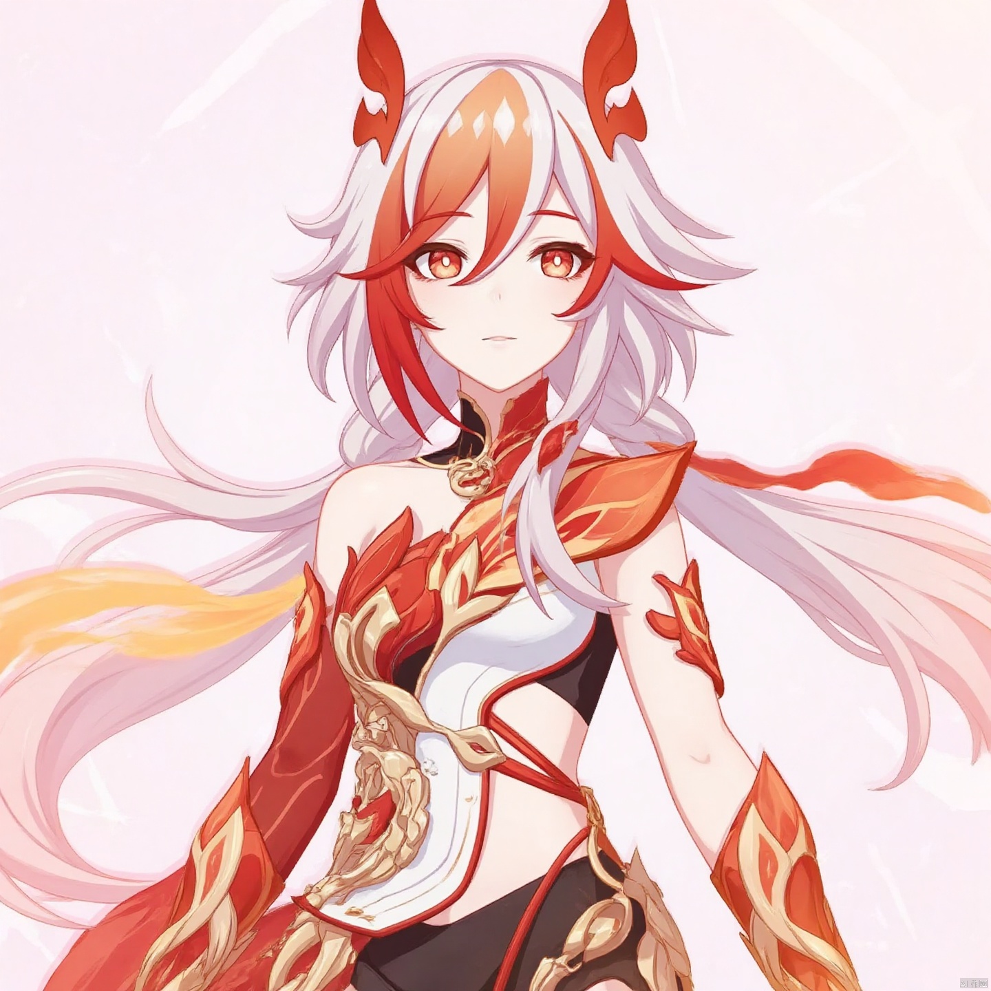fu hua bengluo,fu hua,messy hair,jewelry,twintails,eyelashes,facial mark,head wings,two-tone hair,twintails,tattoo,ribbon,bangs,white hair,orange eyes,streaked hair,orange hair,fiery hair,hair between eyes,multicolored hair,hair ornament,hair ribbon,pattern on hair,yellow pupils,diamond shaped pupils,
