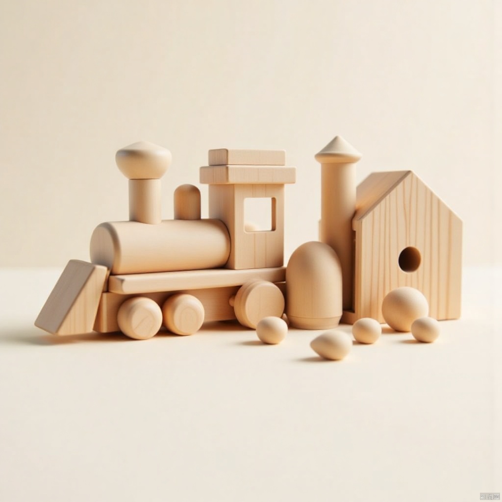 woodiness,a wooden toy train is positioned on a white surface. The train is made up of light-colored wood planks,arranged in a way that creates a sense of depth and dimension. The toy train has a wooden house-like structure on the right side of the image. The house-shaped structure is a light brown color
