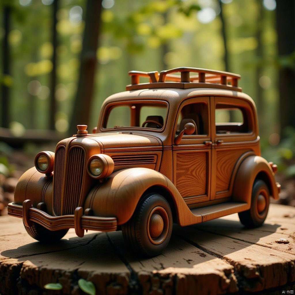 A vintage wooden car, crafted with intricate woodwork details, sits on a rustic wooden bench in a sun-drenched forest clearing. The wooden vehicle's natural grain and knotty texture evoke a sense of earthy charm. Warm sunlight filters through the leafy canopy above, casting a gentle glow on the wooden car's sturdy frame.
