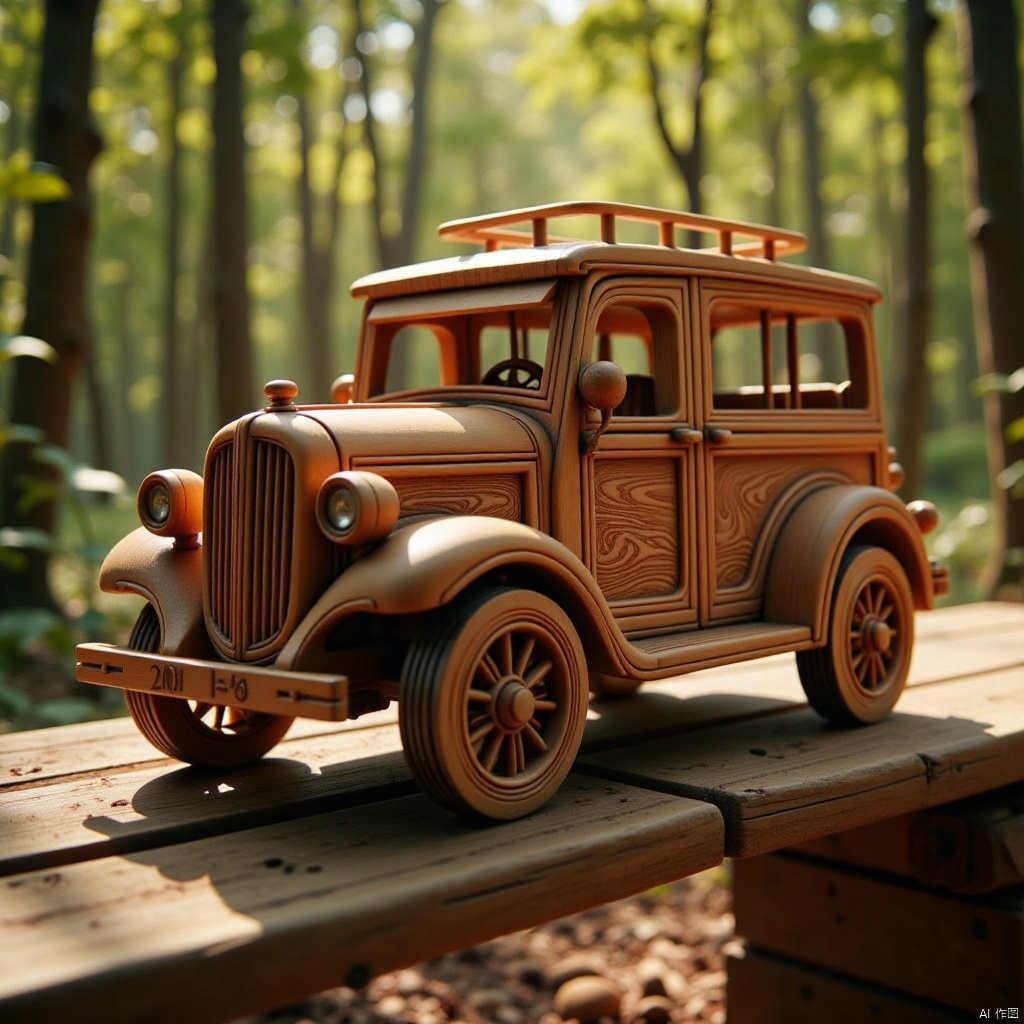 A vintage wooden car, crafted with intricate woodwork details, sits on a rustic wooden bench in a sun-drenched forest clearing. The wooden vehicle's natural grain and knotty texture evoke a sense of earthy charm. Warm sunlight filters through the leafy canopy above, casting a gentle glow on the wooden car's sturdy frame.