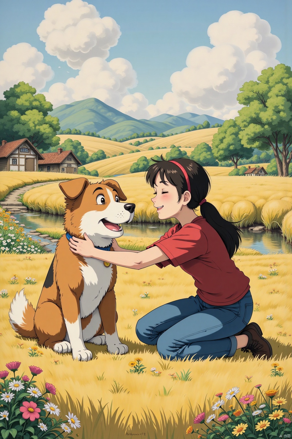  A heartwarming moment between a human and her canine companion,set against an animated backdrop,outdoors,