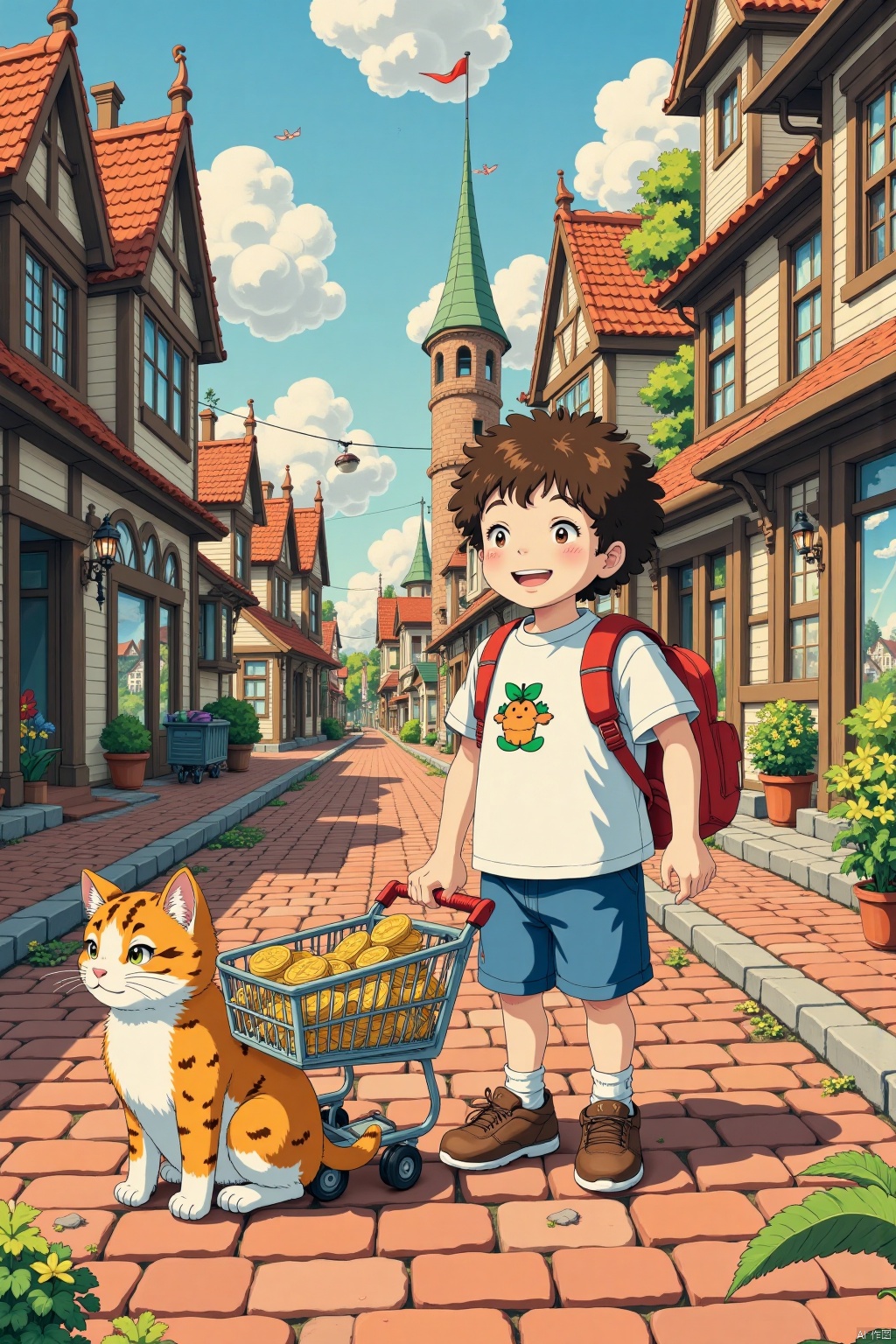 A young boy with curly hair and a backpack,standing next to an orange tabby cat on what appears to be a whimsical brick street, pushing a shopping cart with some gold coins in it.