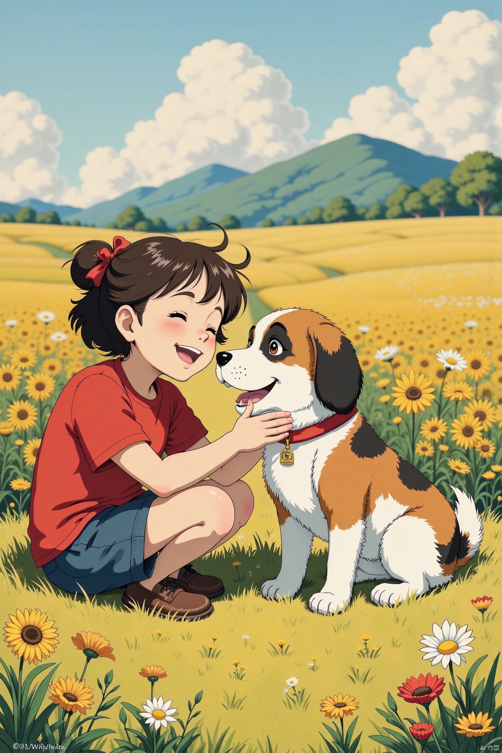  A heartwarming moment between a human and her canine companion,set against an animated backdrop,outdoors,
