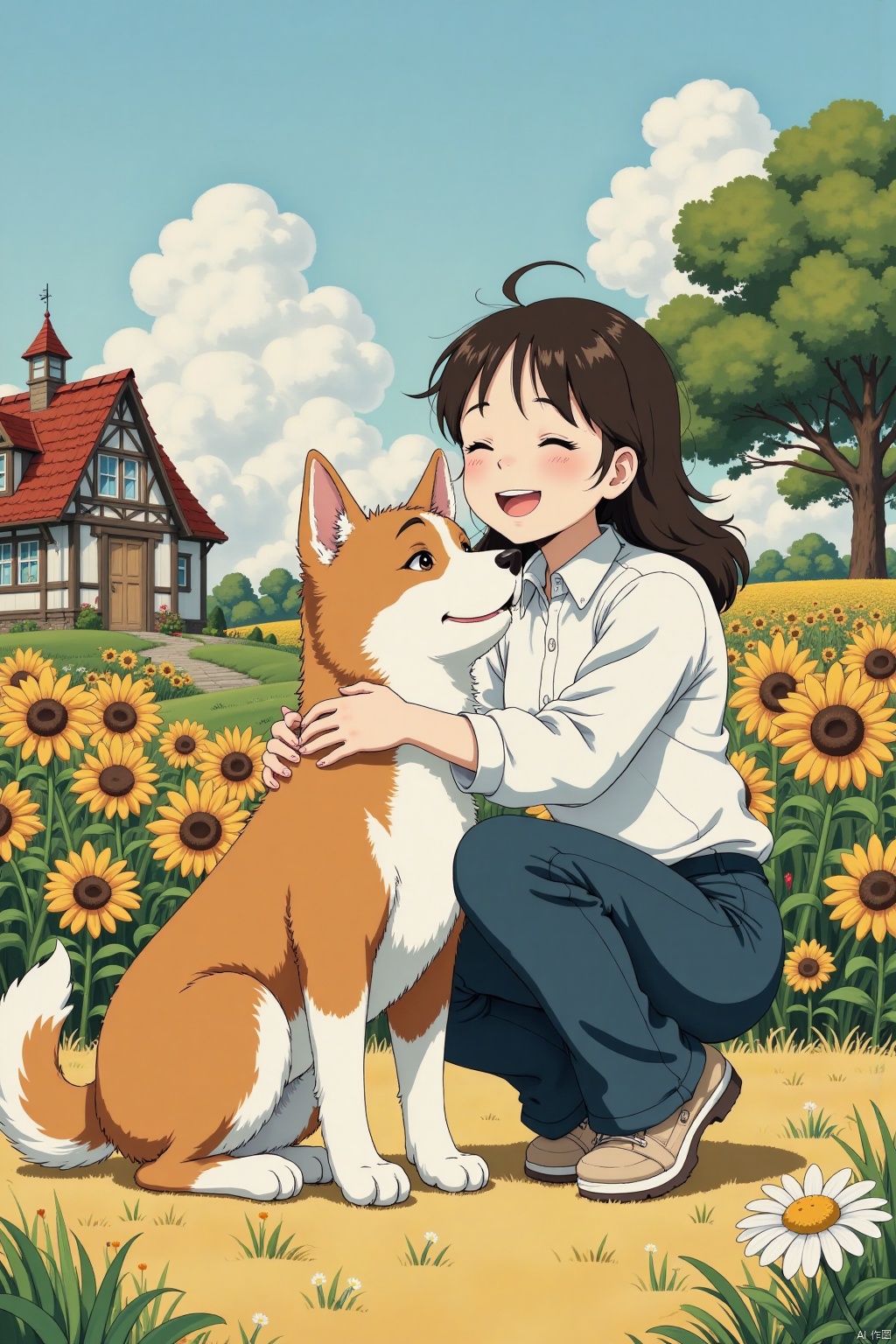  A heartwarming moment between a human and her canine companion,set against an animated backdrop,outdoors,