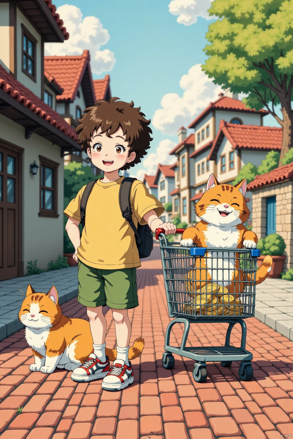A young boy with curly hair and a backpack,standing next to an orange tabby cat on what appears to be a whimsical brick street, pushing a shopping cart with some gold coins in it.