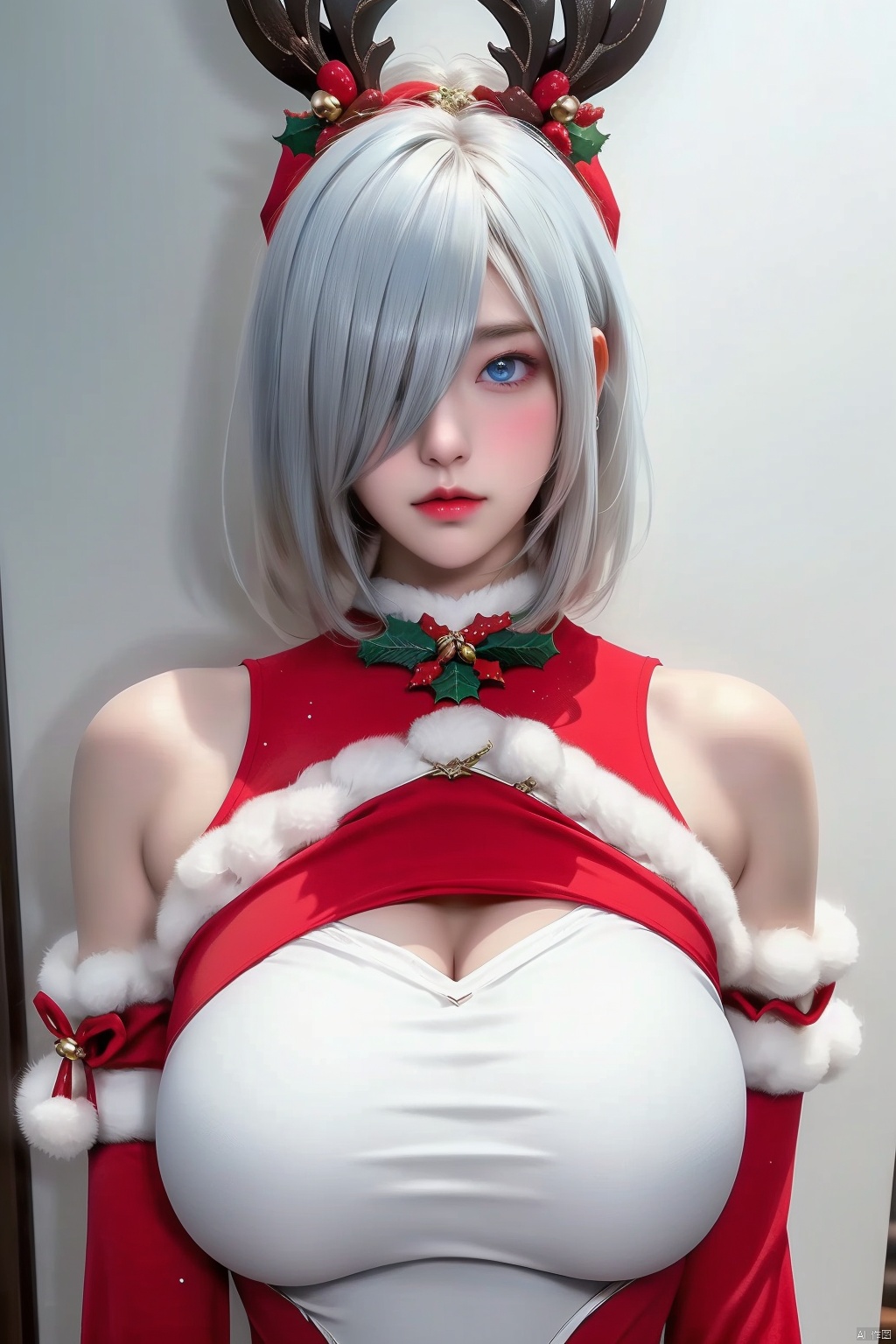 1girl solo breasts looking at viewer short hair blue eyes large breasts dress bare shoulders white hair hairband detached sleeves mole hair over one eye lips fur trim cosplay bell christmas mole under mouth yorha no. 2 type b
