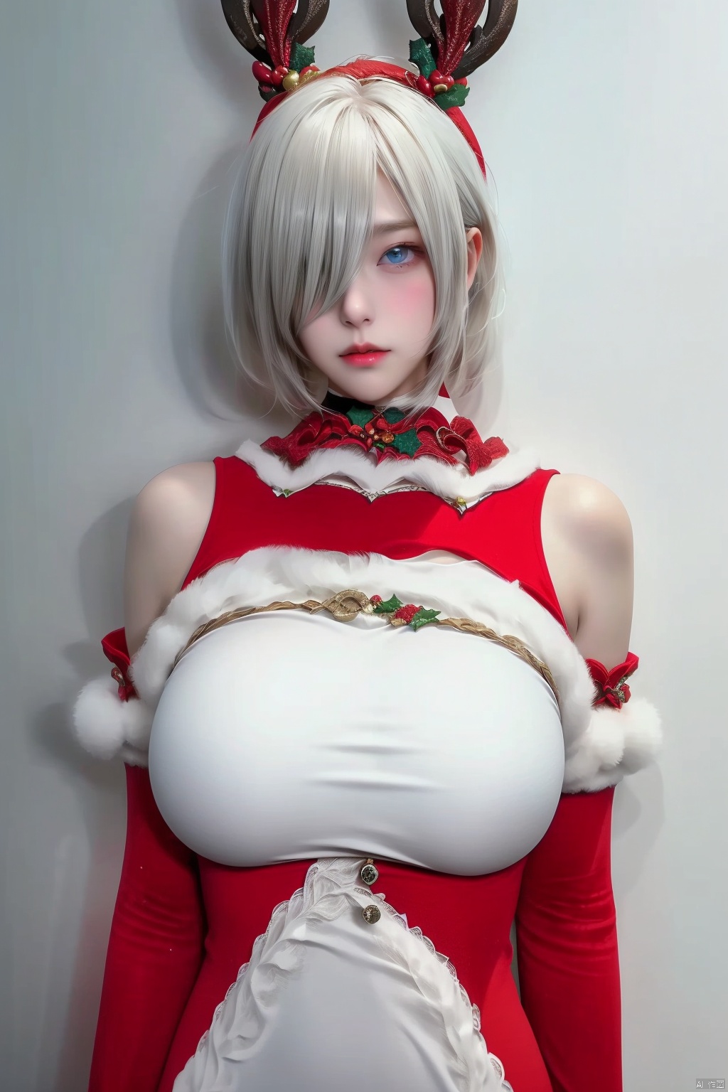 1girl solo breasts looking at viewer short hair blue eyes large breasts dress bare shoulders white hair hairband detached sleeves mole hair over one eye lips fur trim cosplay bell christmas mole under mouth yorha no. 2 type b
