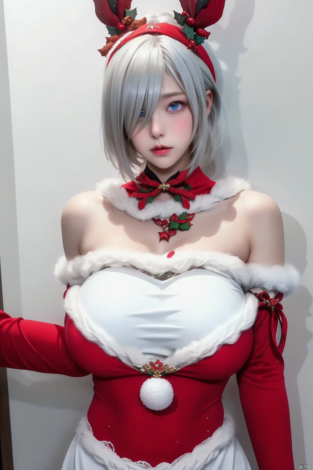 1girl solo breasts looking at viewer short hair blue eyes large breasts dress bare shoulders white hair hairband detached sleeves mole hair over one eye lips fur trim cosplay bell christmas mole under mouth yorha no. 2 type b
