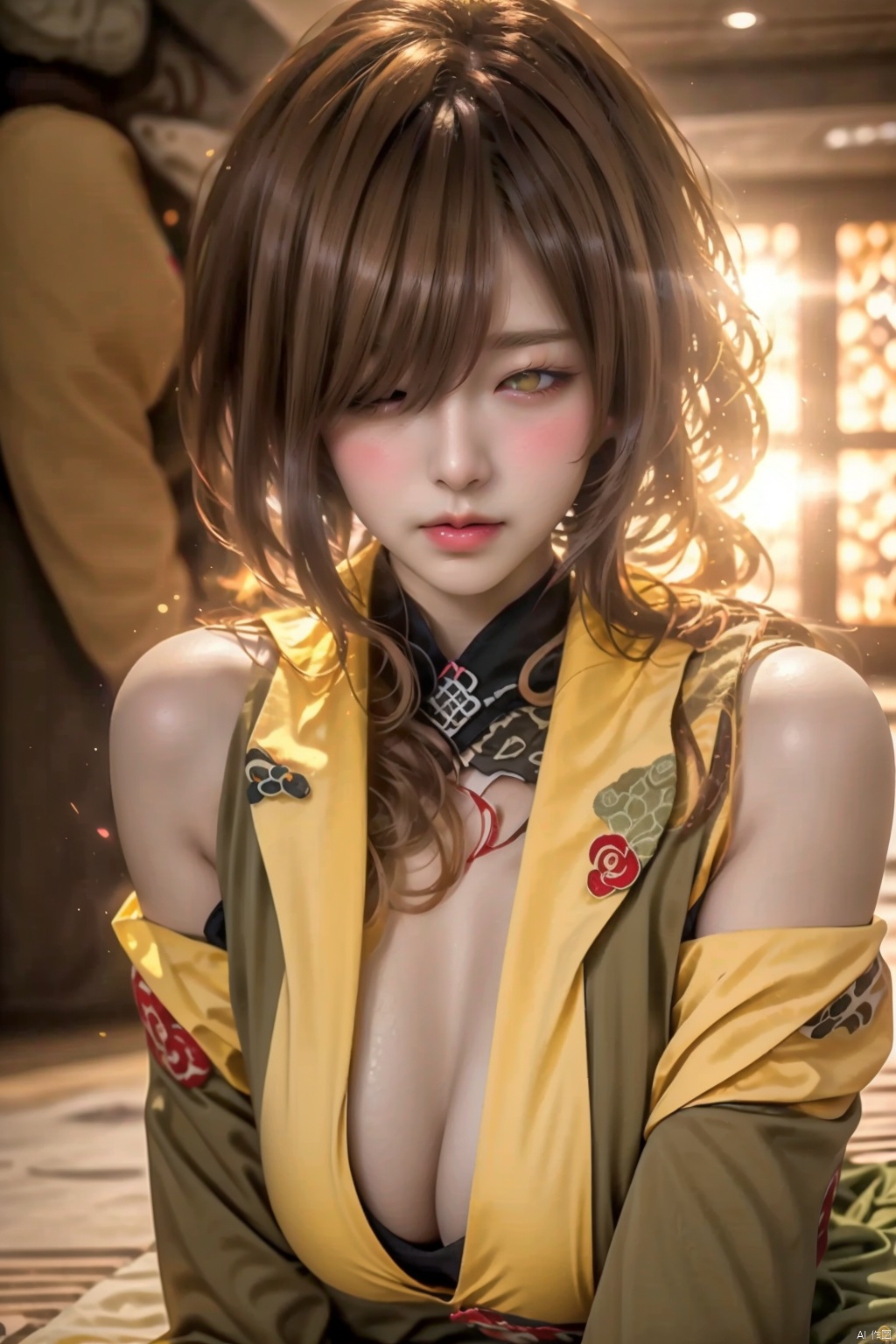 
 1girl  bangs  blonde hair  blurry  blurry background  blush  breasts  cleavage  collarbone   in mouth   on breasts   on tongue  depth of field  eyelashes  eyes visible through hair  facial  green jacket  half-closed eyes  indoors  jacket  large breasts  light brown hair  looking at viewer  military  military uniform  mole  mole under eye    open mouth  parted bangs  shiny  solo  sweat  teeth  tongue  tongue out  tsunade \(naruto\)  yellow eyes 