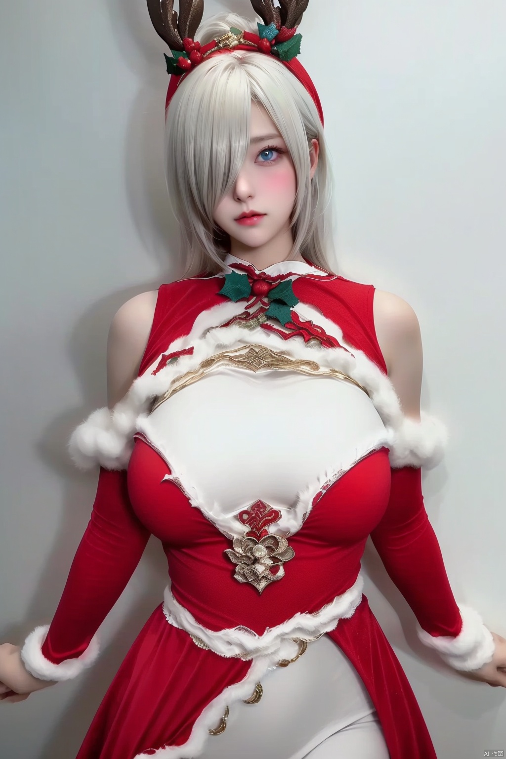 1girl solo breasts looking at viewer short hair blue eyes large breasts dress bare shoulders white hair hairband detached sleeves mole hair over one eye lips fur trim cosplay bell christmas mole under mouth yorha no. 2 type b
