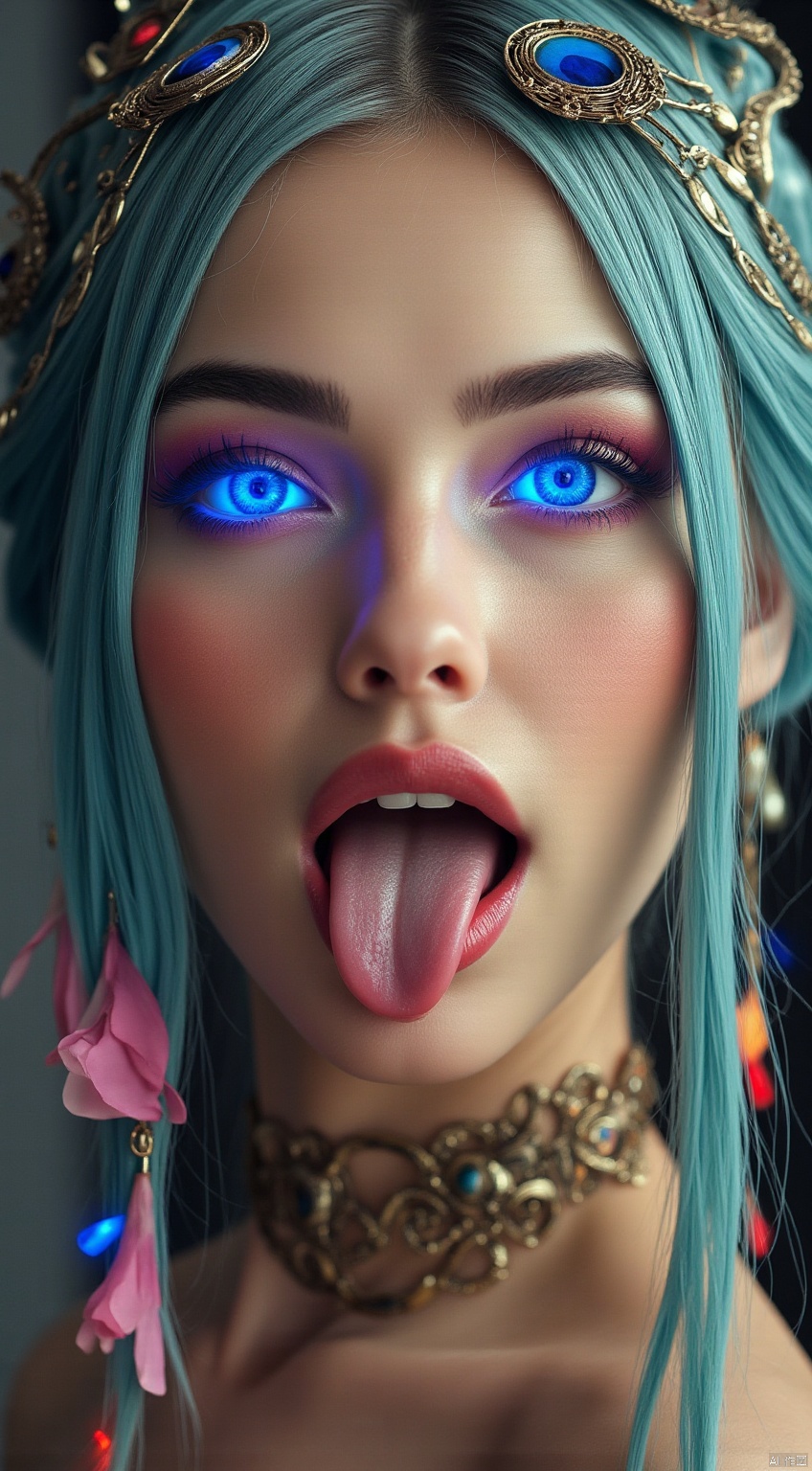 
fashion shoot, perfect zoomed-in closeup portraiture, beautiful chinese goddess,((light indigo hair)) perfect sweet face and glowing blue eyes, open mouth playful tongue, sensational alluring expression, multicolor peacock feather jewellery, teal smoky, smokes, smoky trail, Miki Asai Macro photography, long flowing teal and pink hair, Fantastic Realism and Sharp Focus, Mysterious fantasy Filigree Elements, filigree red drops, futuristic vibrant filigree multicolored jewellery, veiled chantilly lace, Glowing Accents, fantasy art, golden natural appearance, symmetrical, glowing gems, sci-fi jewellery