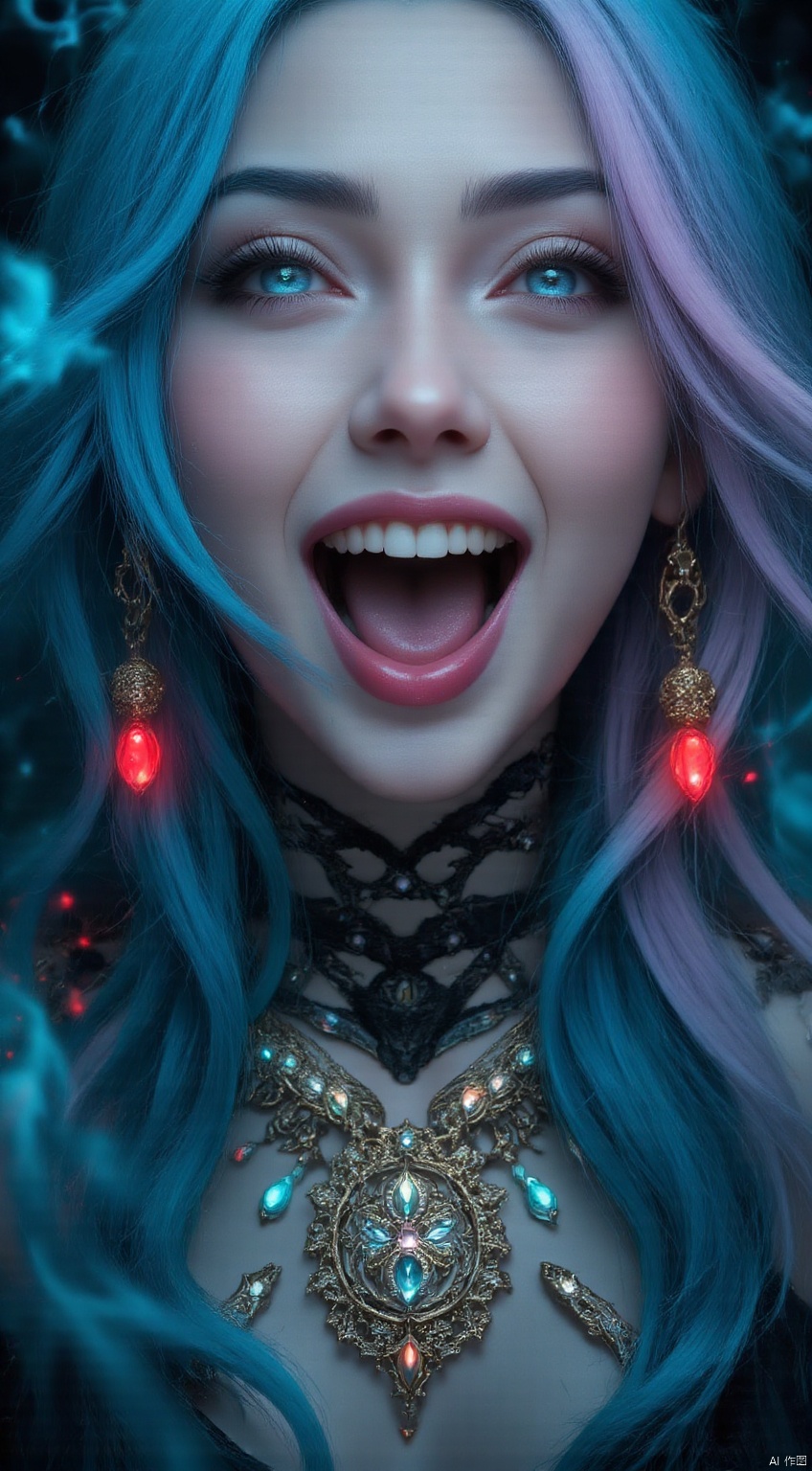 
fashion shoot, perfect zoomed-in closeup portraiture, beautiful chinese goddess,((light indigo hair)) perfect sweet face and glowing blue eyes, open mouth playful tongue, sensational alluring expression, multicolor peacock feather jewellery, teal smoky, smokes, smoky trail, Miki Asai Macro photography, long flowing teal and pink hair, Fantastic Realism and Sharp Focus, Mysterious fantasy Filigree Elements, filigree red drops, futuristic vibrant filigree multicolored jewellery, veiled chantilly lace, Glowing Accents, fantasy art, golden natural appearance, symmetrical, glowing gems, sci-fi jewellery