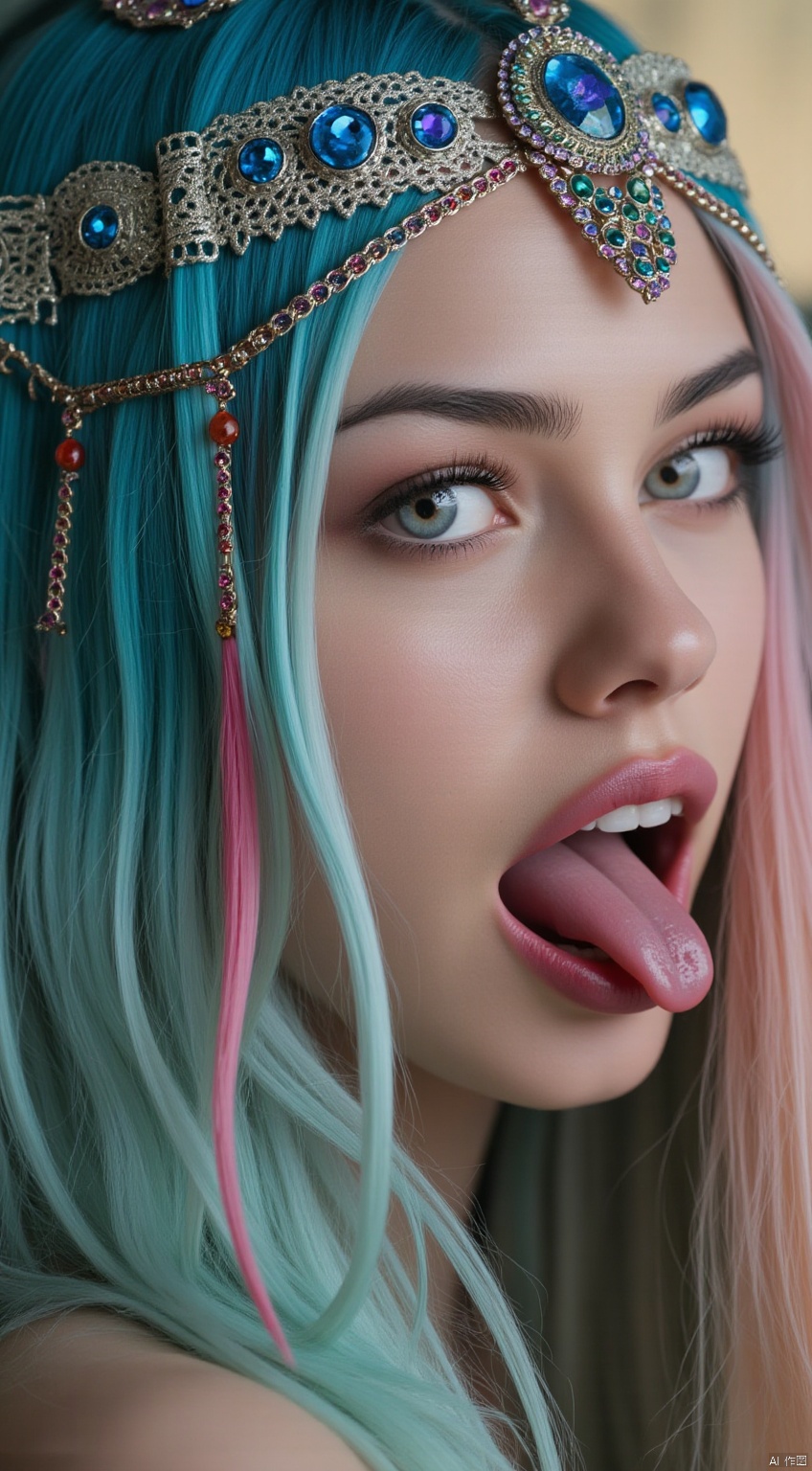 
fashion shoot, perfect zoomed-in closeup portraiture, beautiful chinese goddess,((light indigo hair)) perfect sweet face and glowing blue eyes, open mouth playful tongue, sensational alluring expression, multicolor peacock feather jewellery, teal smoky, smokes, smoky trail, Miki Asai Macro photography, long flowing teal and pink hair, Fantastic Realism and Sharp Focus, Mysterious fantasy Filigree Elements, filigree red drops, futuristic vibrant filigree multicolored jewellery, veiled chantilly lace, Glowing Accents, fantasy art, golden natural appearance, symmetrical, glowing gems, sci-fi jewellery