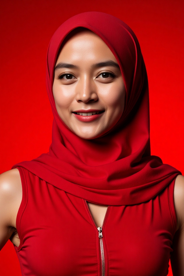 Portrait of a young Muslim woman wearing a textured red hijab elegantly styled,  complementing a red sleeveless top with a...