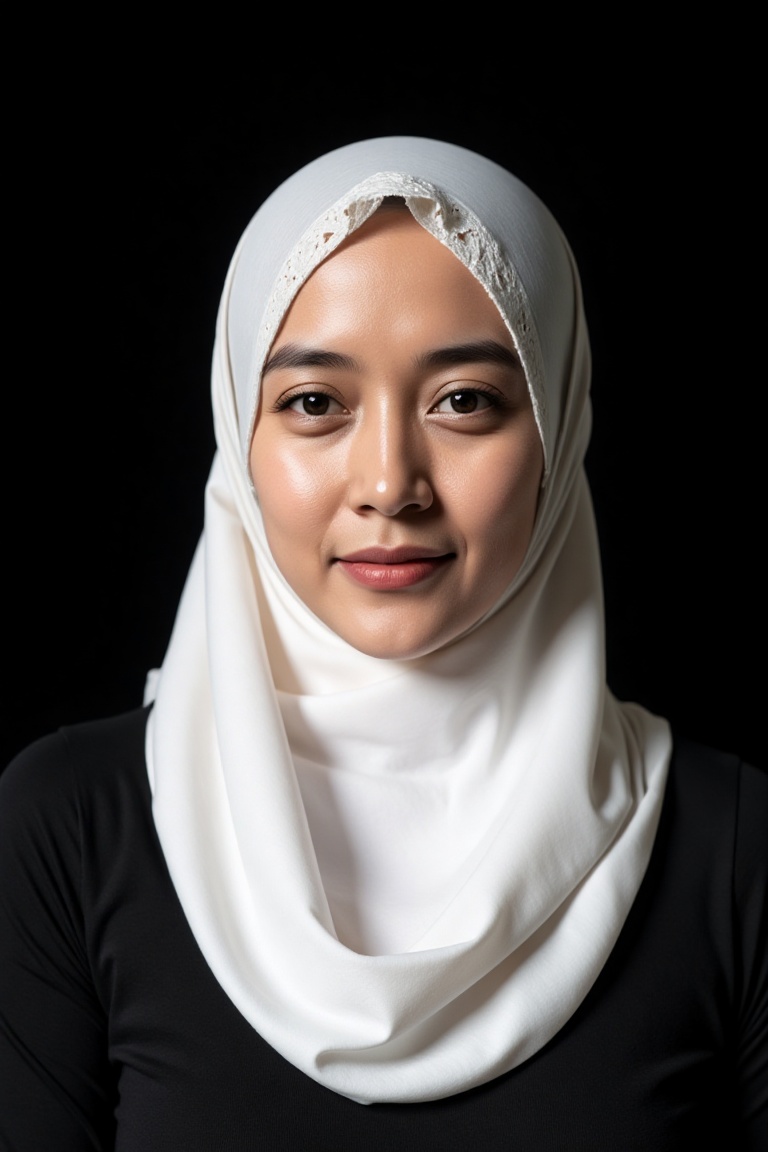 Portrait of a modest and elegant young Muslim woman wearing a white hijab with lace trim,  draped gracefully over her shou...