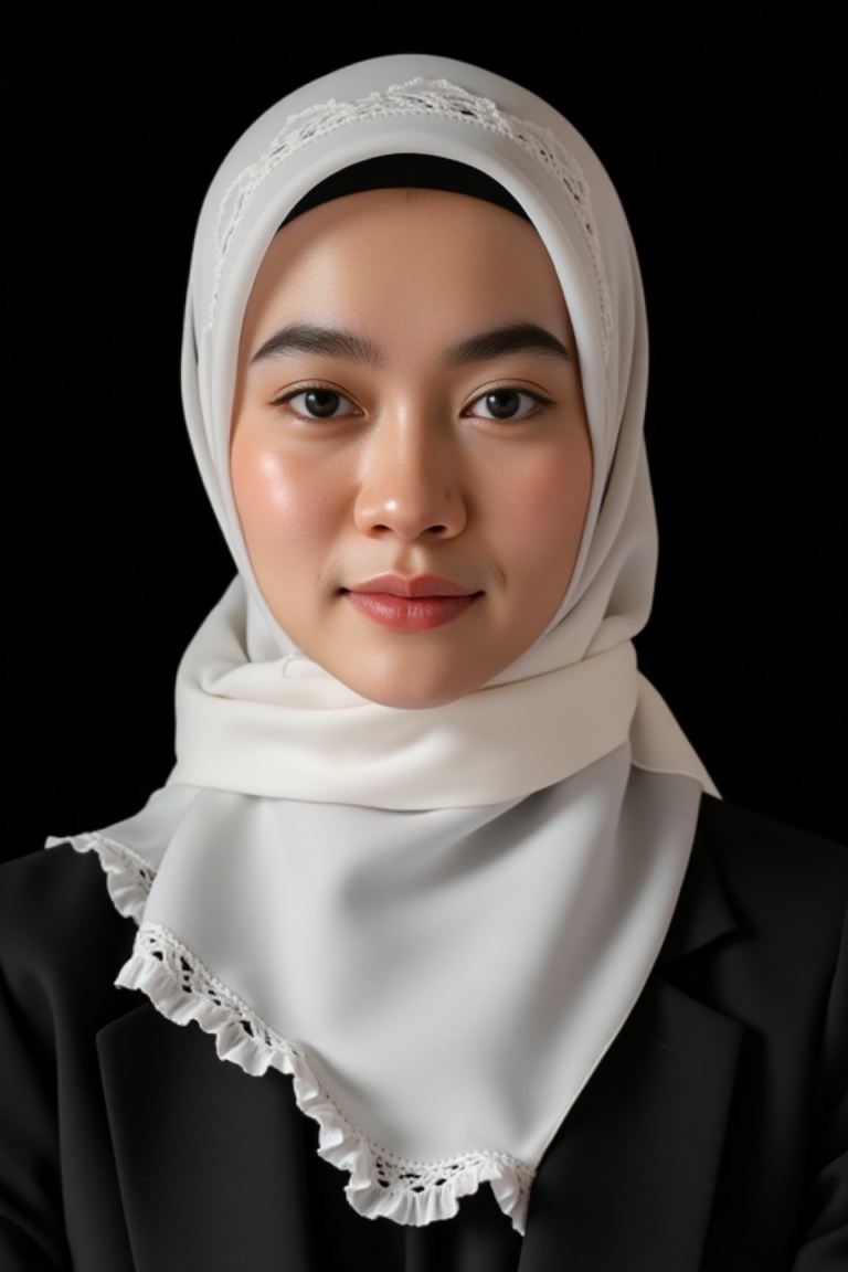 Portrait of a modest and elegant young Muslim woman wearing a white hijab with lace trim,  draped gracefully over her shou...