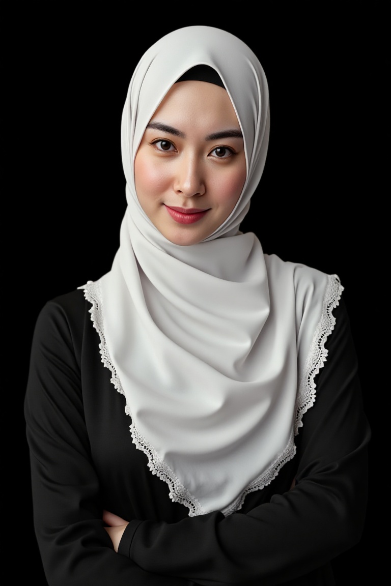 Portrait of a modest and elegant young Muslim woman wearing a white hijab with lace trim,  draped gracefully over her shou...