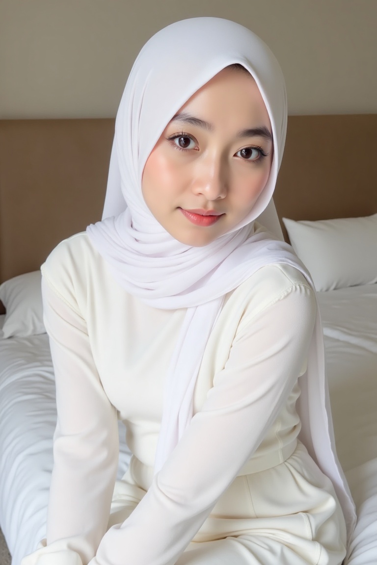 A realistic 8K UHD image of a solo Indonesian girl wearing a white hijab and a white wedding dress,  sitting on a bed indo...