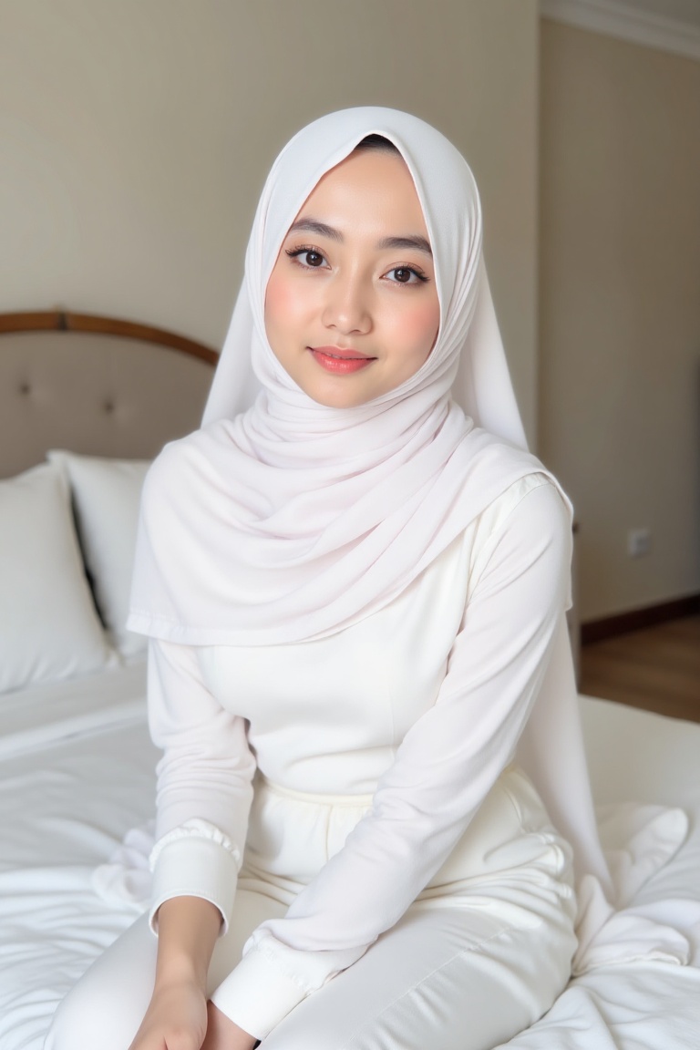 A realistic 8K UHD image of a solo Indonesian girl wearing a white hijab and a white wedding dress,  sitting on a bed indo...
