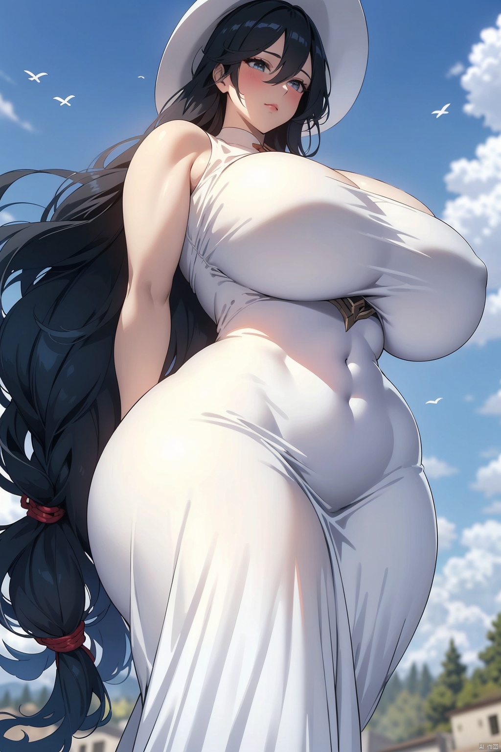 1girl long hair breasts bangs black hair hat dress hair between eyes bare shoulders very long hair standing outdoors sky sleeveless day cloud white dress huge breasts  blue sky covered navel sleeveless dress bird white headwear arms behind back looking down from below curvy sun hat height difference long dress size difference sundress giant giantess gigantic breasts impossible dress tall female tall
