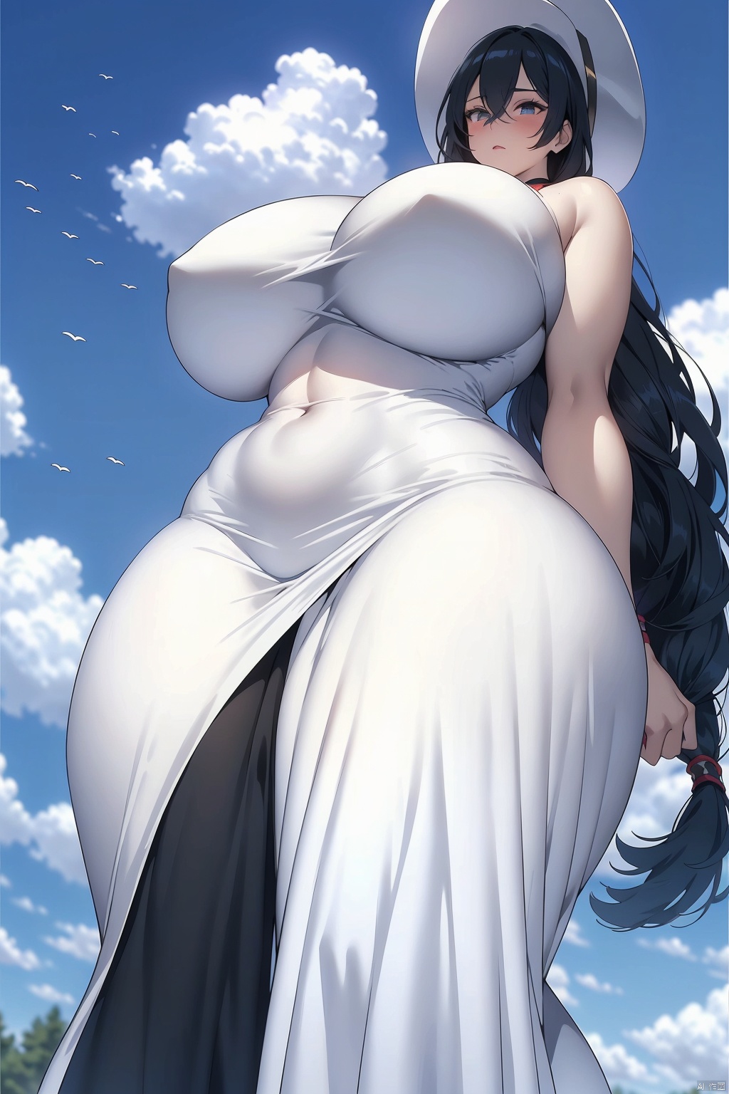 1girl long hair breasts bangs black hair hat dress hair between eyes bare shoulders very long hair standing outdoors sky sleeveless day cloud white dress huge breasts  blue sky covered navel sleeveless dress bird white headwear arms behind back looking down from below curvy sun hat height difference long dress size difference sundress giant giantess gigantic breasts impossible dress tall female tall
