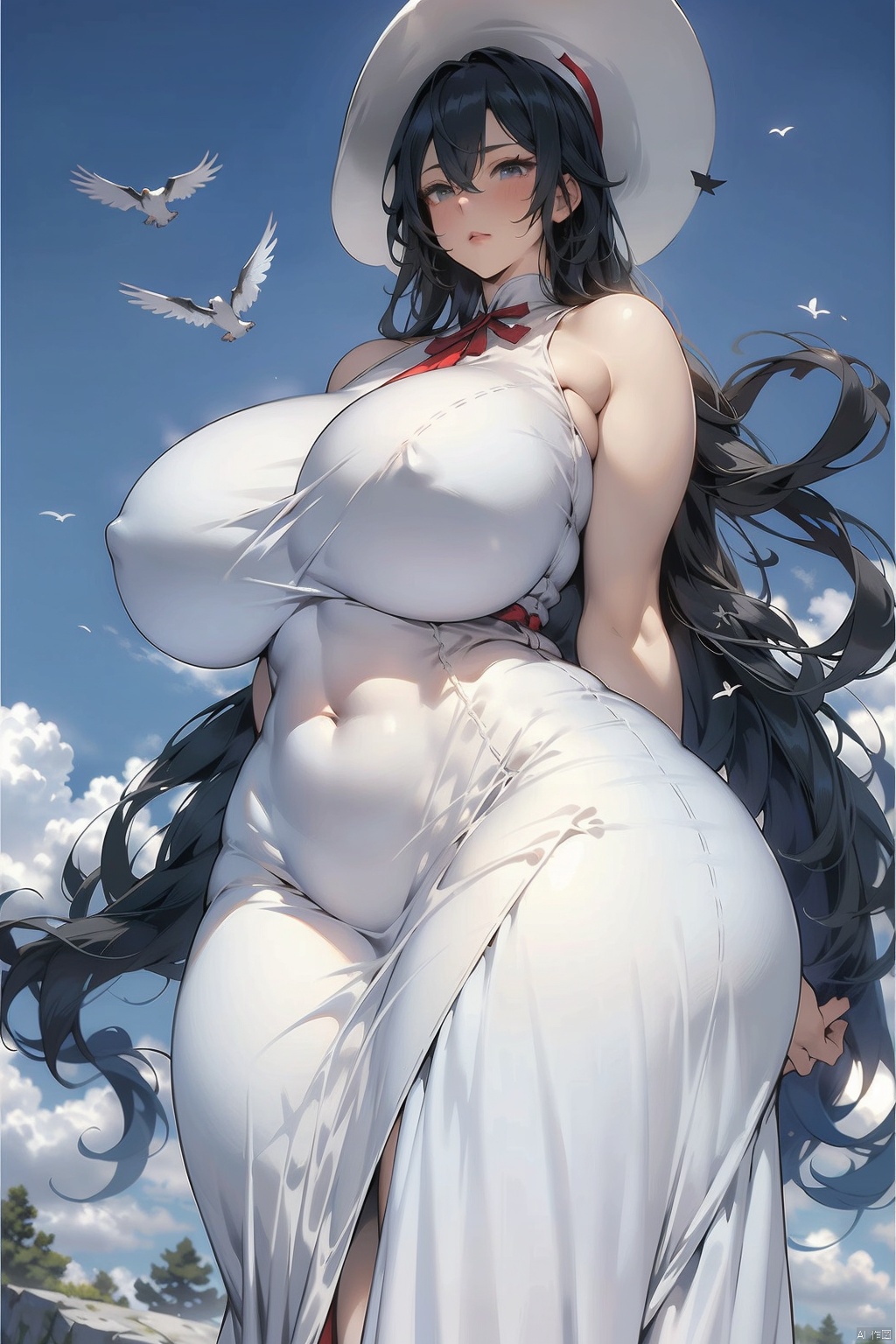 1girl long hair breasts bangs black hair hat dress hair between eyes bare shoulders very long hair standing outdoors sky sleeveless day cloud white dress huge breasts  blue sky covered navel sleeveless dress bird white headwear arms behind back looking down from below curvy sun hat height difference long dress size difference sundress giant giantess gigantic breasts impossible dress tall female tall
