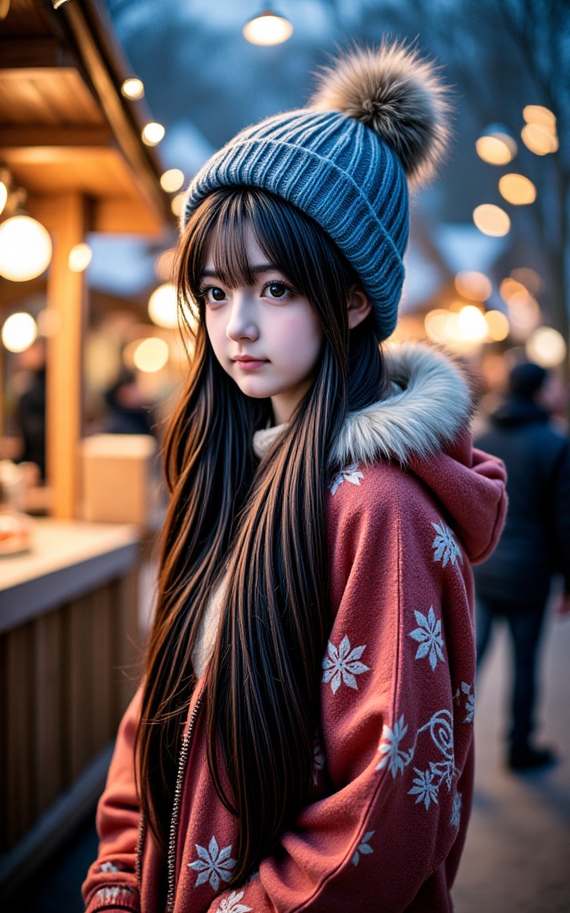 A gorgeous girl with long dark hair and a thoughtful expression stands amidst the vibrant atmosphere of an outdoor winter...