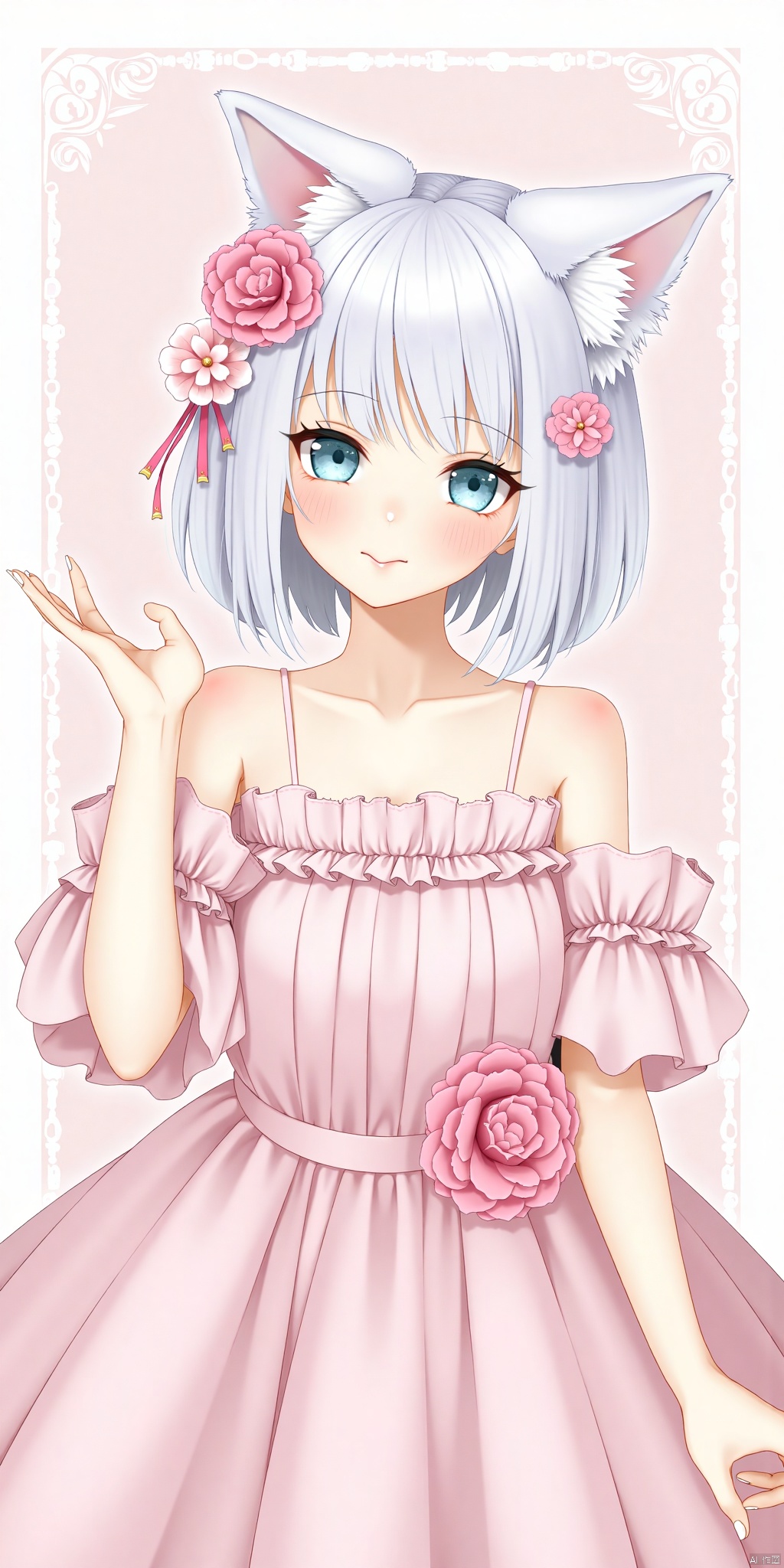 1girl,loli ，solo, hair ornament, dress, animal ears, bare shoulders, flower, white hair, cat ears, hair flower
