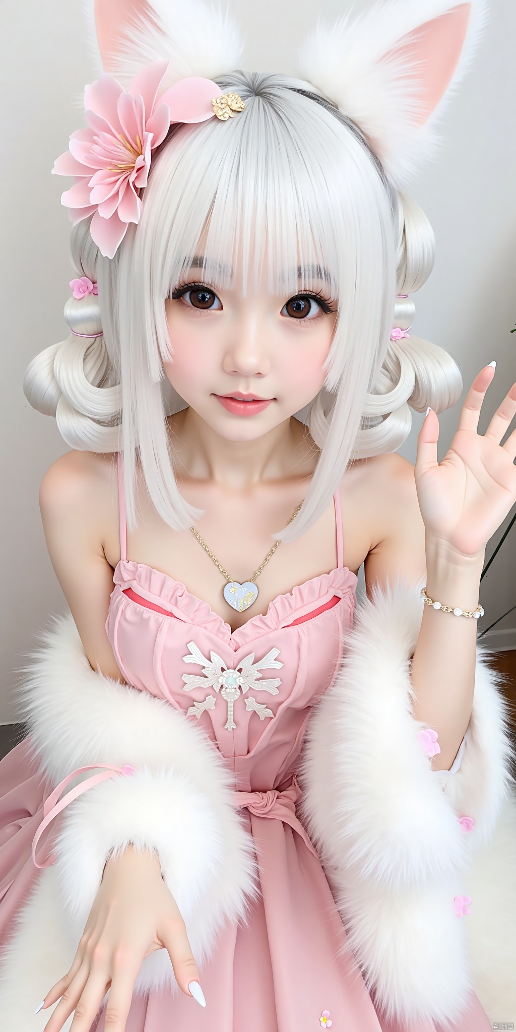 1girl, solo, hair ornament, dress, animal ears, bare shoulders, flower, white hair, cat ears, hair flower