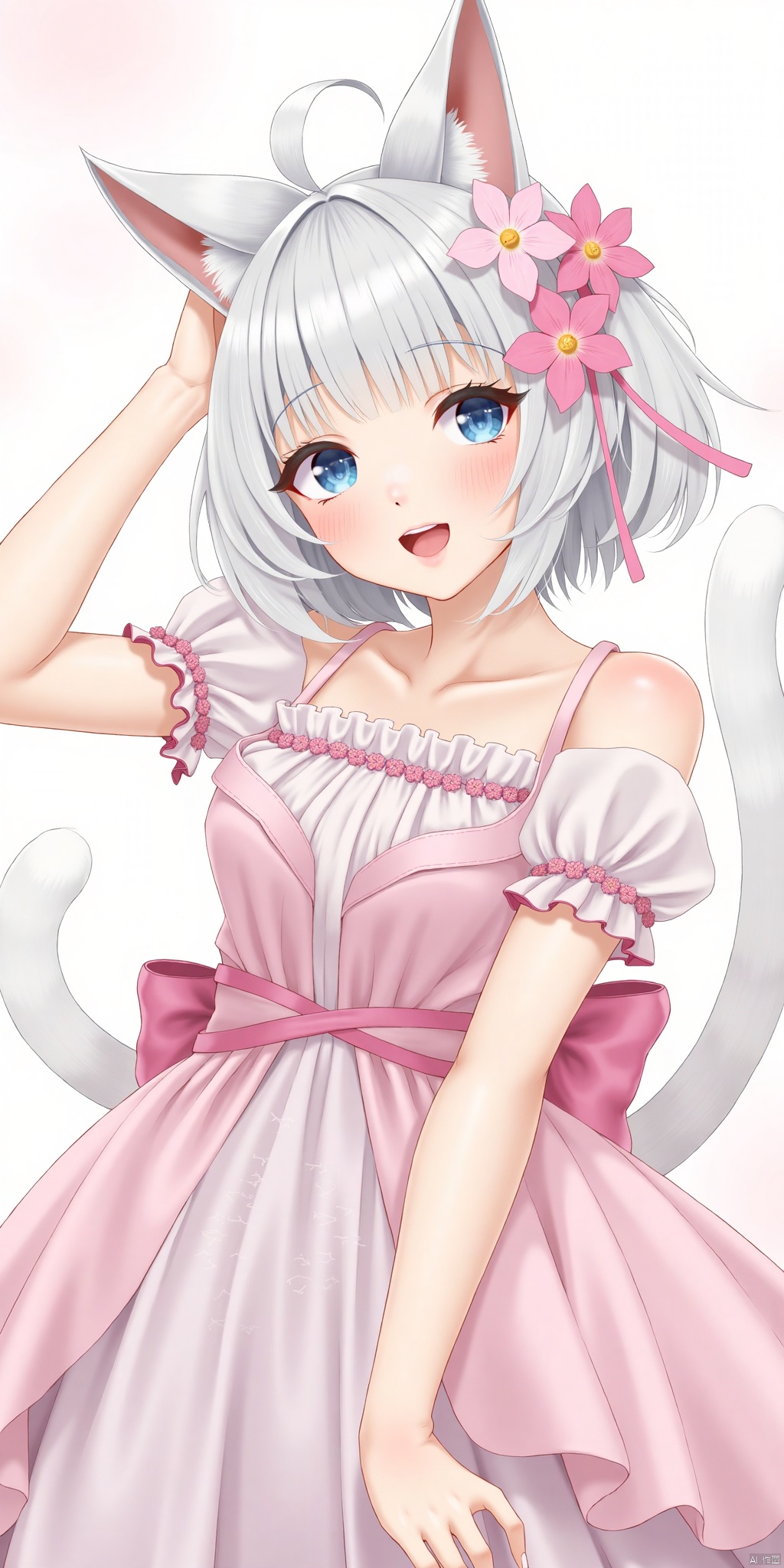 1girl,loli ，solo, hair ornament, dress, animal ears, bare shoulders, flower, white hair, cat ears, hair flower