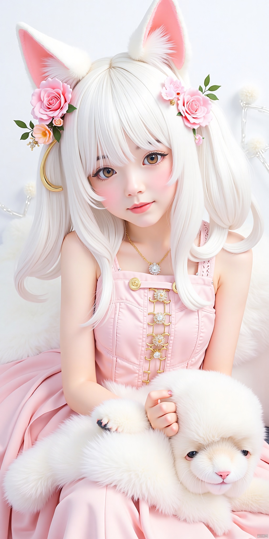 1girl,loli ，solo, hair ornament, dress, animal ears, bare shoulders, flower, white hair, cat ears, hair flower