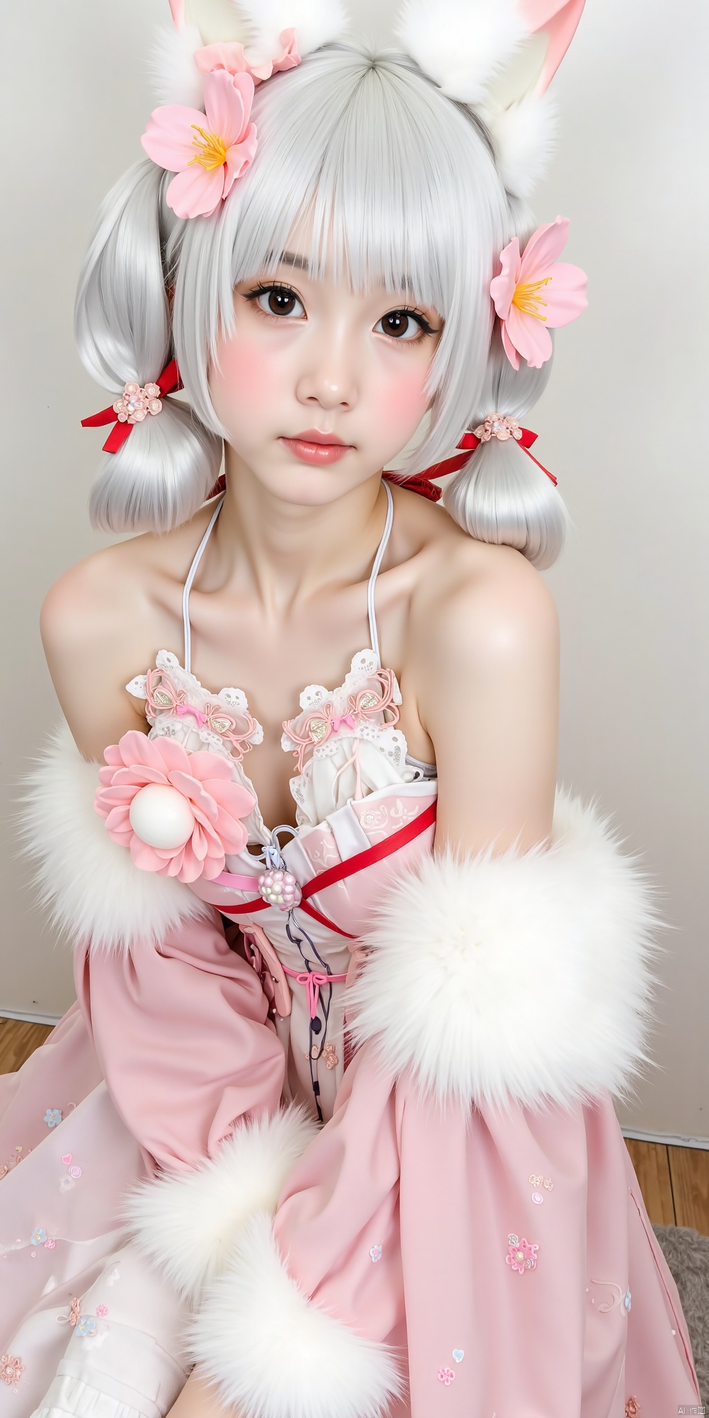1girl,loli ，solo, hair ornament, dress, animal ears, bare shoulders, flower, white hair, cat ears, hair flower