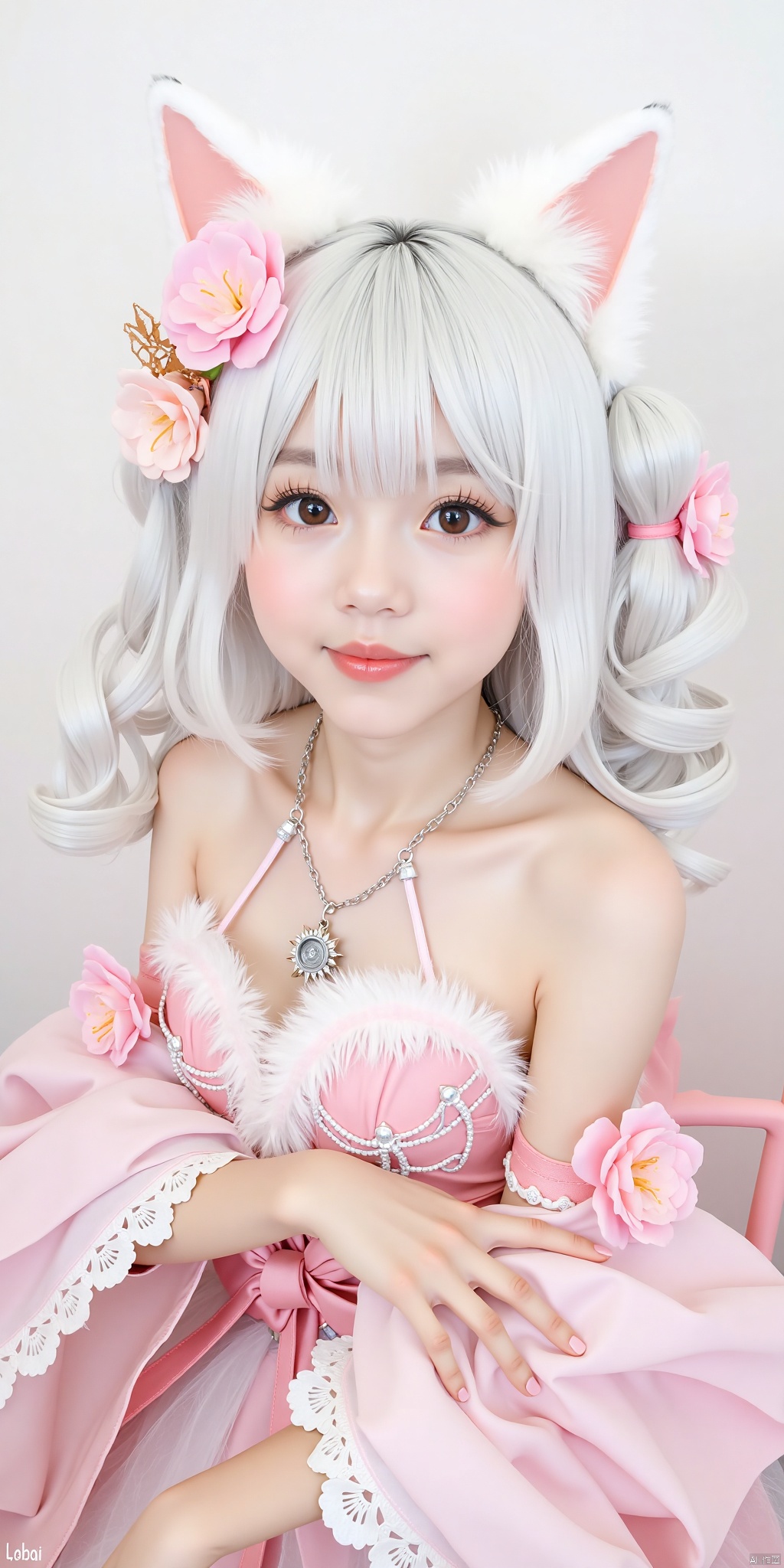 1girl,loli ，solo, hair ornament, dress, animal ears, bare shoulders, flower, white hair, cat ears, hair flower
