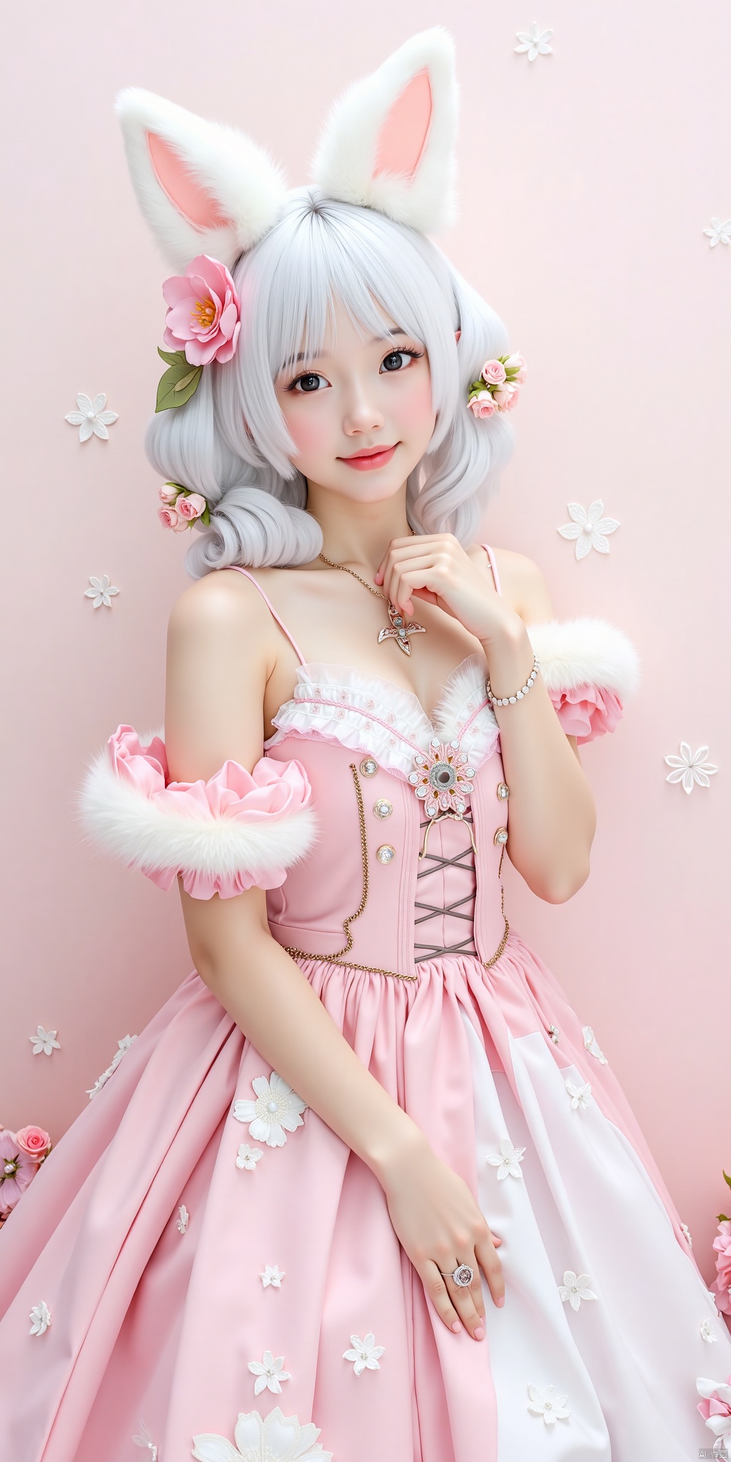 1girl,loli ，solo, hair ornament, dress, animal ears, bare shoulders, flower, white hair, cat ears, hair flower
