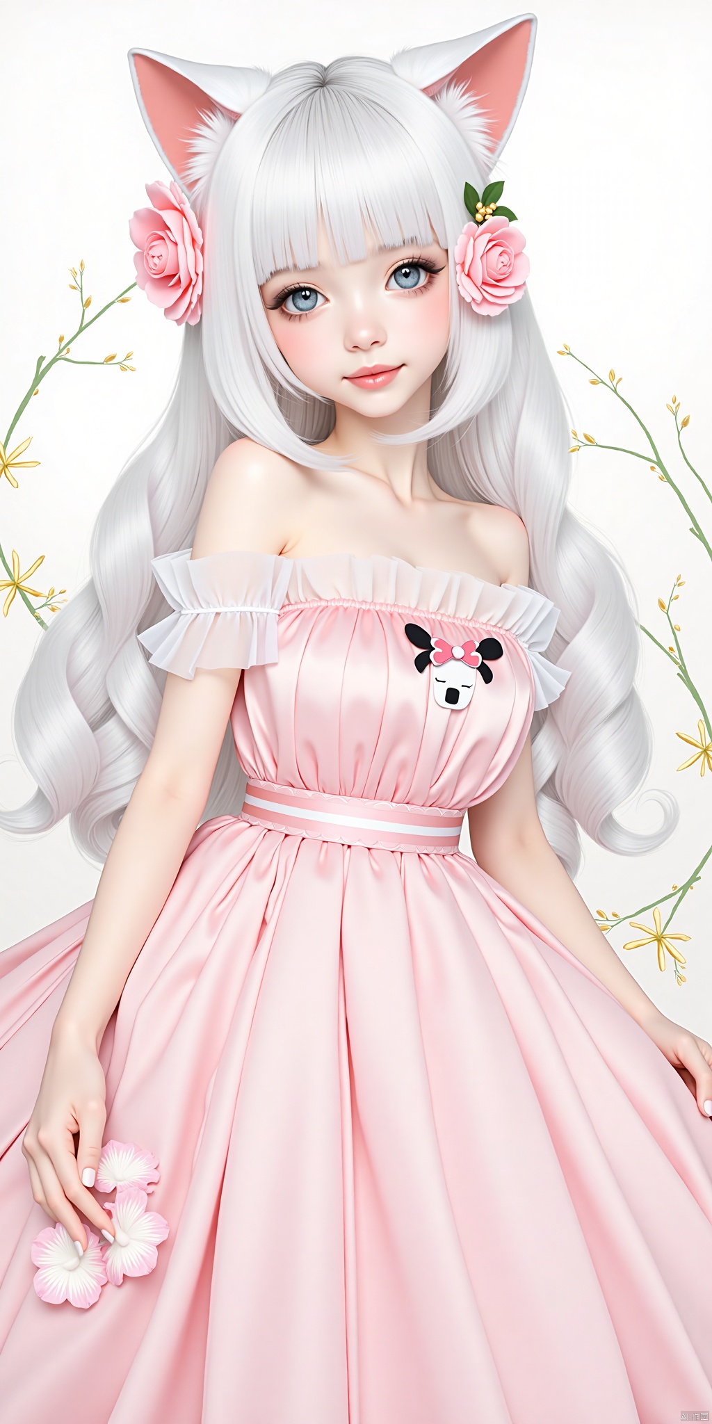 1girl,loli ，solo, hair ornament, dress, animal ears, bare shoulders, flower, white hair, cat ears, hair flower