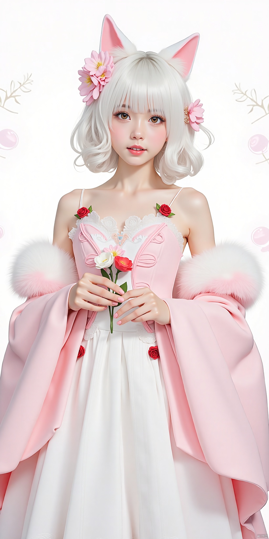 1girl,loli ，solo, hair ornament, dress, animal ears, bare shoulders, flower, white hair, cat ears, hair flower