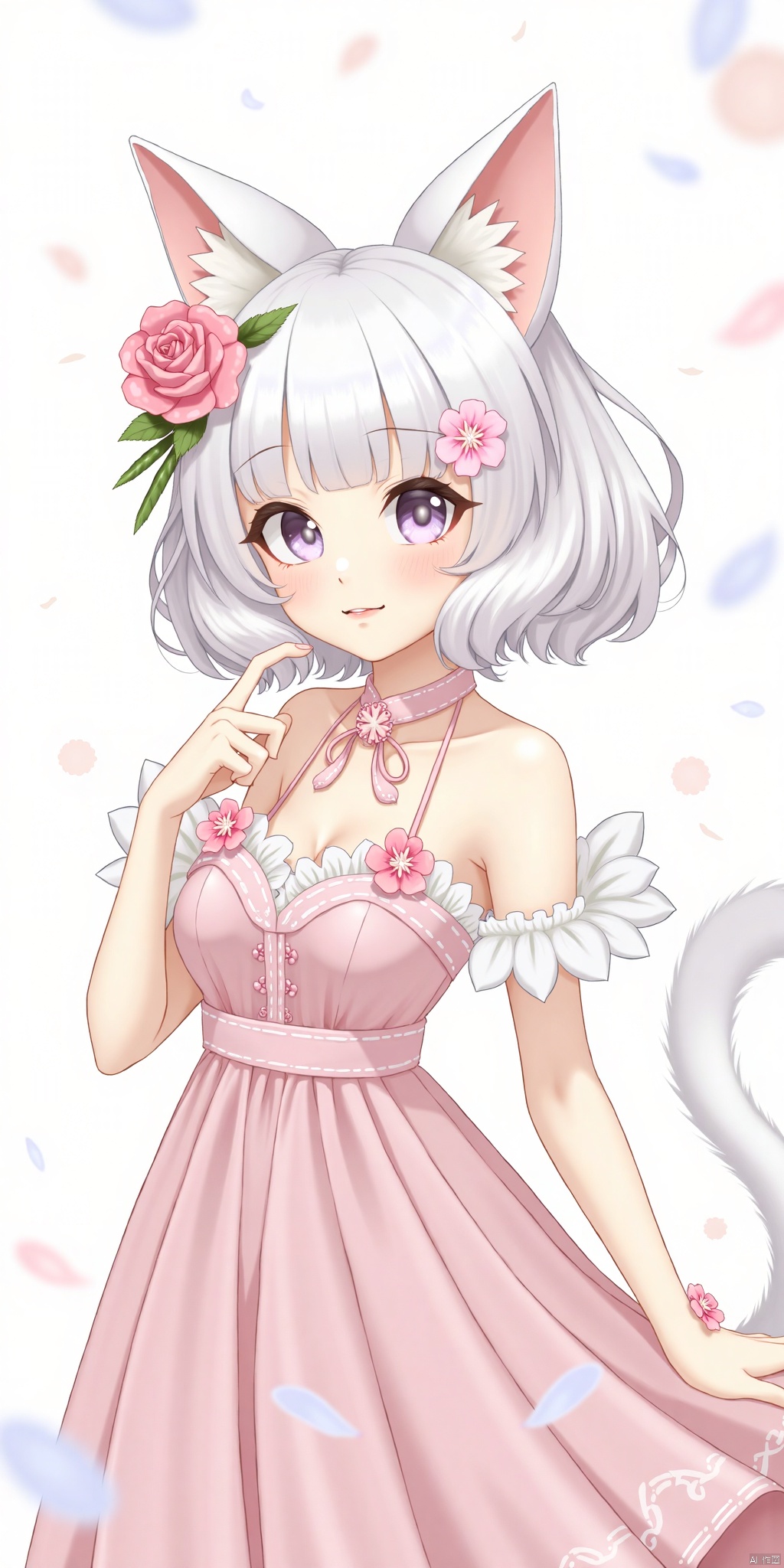 1girl,loli ，solo, hair ornament, dress, animal ears, bare shoulders, flower, white hair, cat ears, hair flower