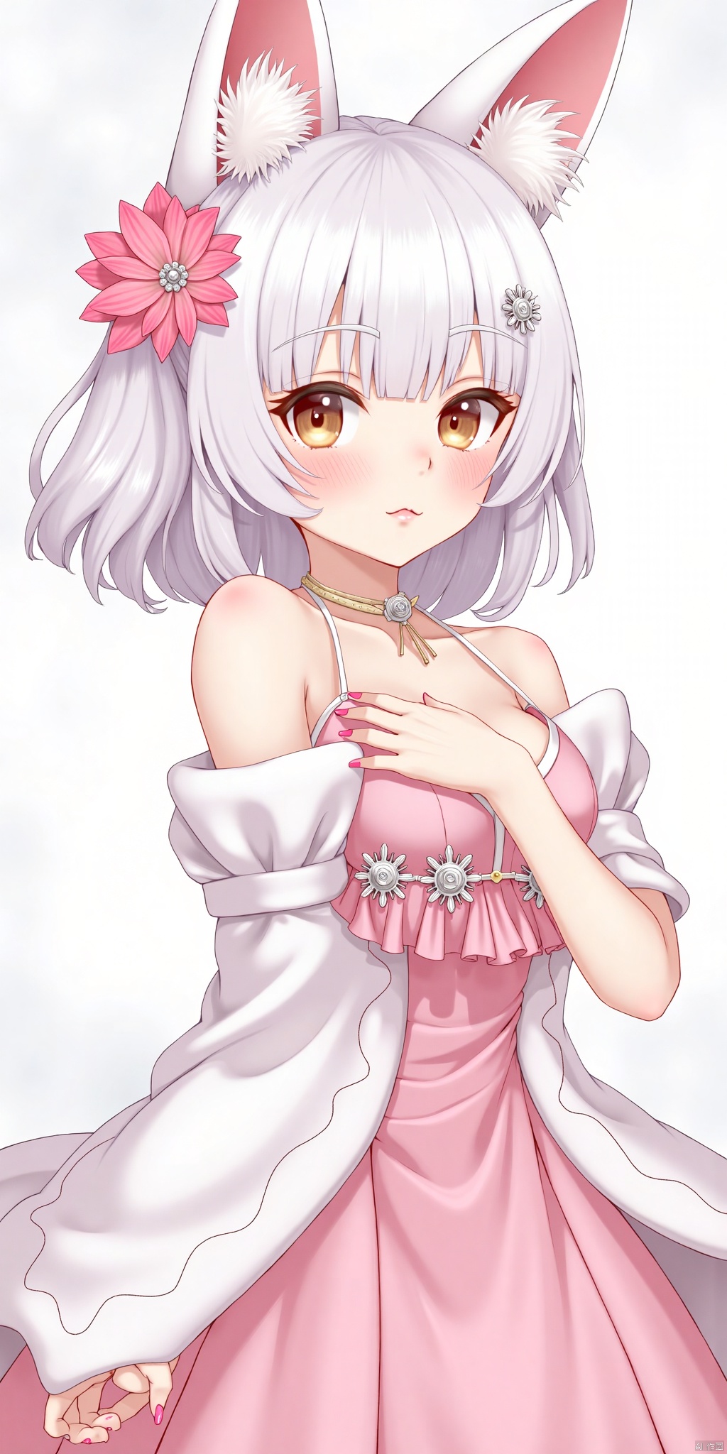 1girl,loli ，solo, hair ornament, dress, animal ears, bare shoulders, flower, white hair, cat ears, hair flower