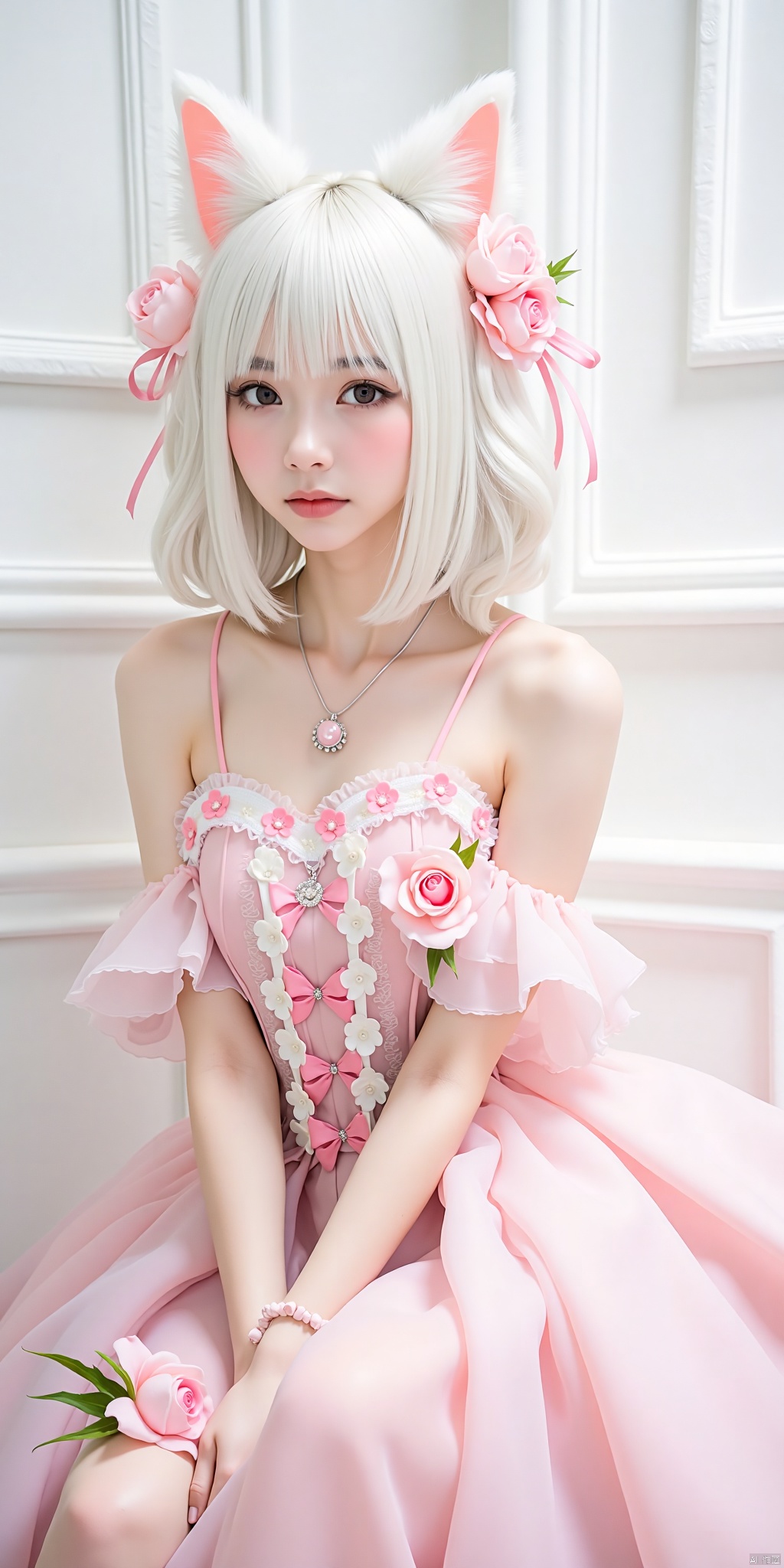 1girl,loli ，solo, hair ornament, dress, animal ears, bare shoulders, flower, white hair, cat ears, hair flower