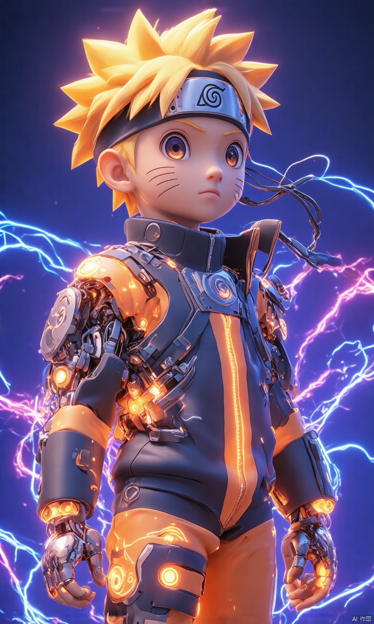 professional 3d model,anime artwork pixar,3d style,good shine,OC rendering,highly detailed,volumetric,dramatic lighting, 
3D IP\(hubgstyle)\, (cute,Naruto Uzumaki),Naruto Uzumaki in a 3D rendering with a cyborg twist. His body features neon glowing body parts,giving him a mechanical and colorful appearance. Despite the cyborg enhancements,Naruto retains his characteristic cuteness,blending elements of technology and charm in a visually captivating manner. 
beautiful colorful background,very beautiful,masterpiece,best quality,super detail,anime style,key visual,vibrant,studio anime,