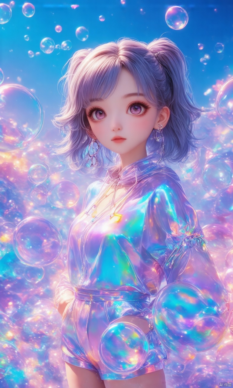 professional 3d model,anime artwork pixar,3d style,good shine,OC rendering,highly detailed,volumetric,dramatic lighting, 
3D IP\(hubgstyle)\, Bubble Matt Style, transparent color PVC clothing,transparent color vinyl clothing,prismatic,holographic,chromatic aberration,girl with harajuku fashion,
beautiful colorful background,very beautiful,masterpiece,best quality,super detail,anime style,key visual,vibrant,studio anime,