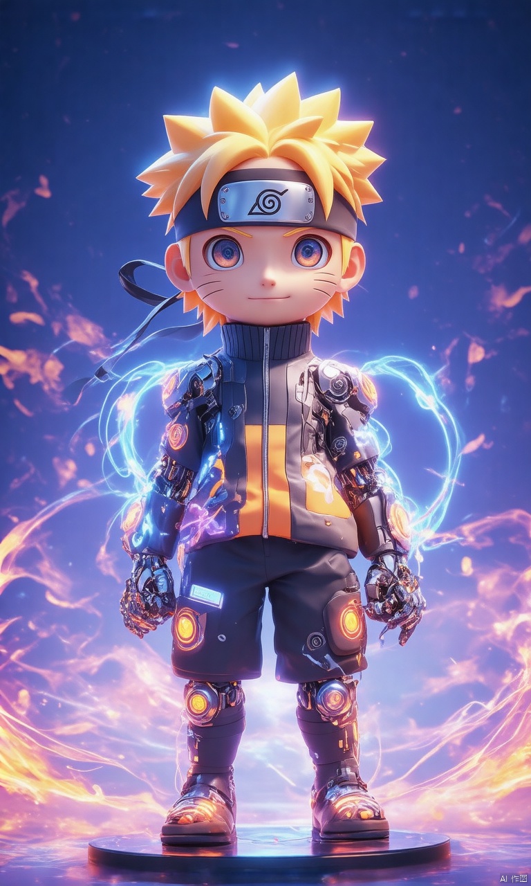 professional 3d model,anime artwork pixar,3d style,good shine,OC rendering,highly detailed,volumetric,dramatic lighting, 
3D IP\(hubgstyle)\, (cute,Naruto Uzumaki),Naruto Uzumaki in a 3D rendering with a cyborg twist. His body features neon glowing body parts,giving him a mechanical and colorful appearance. Despite the cyborg enhancements,Naruto retains his characteristic cuteness,blending elements of technology and charm in a visually captivating manner. 
beautiful colorful background,very beautiful,masterpiece,best quality,super detail,anime style,key visual,vibrant,studio anime,