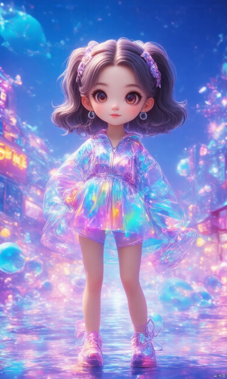 professional 3d model,anime artwork pixar,3d style,good shine,OC rendering,highly detailed,volumetric,dramatic lighting, 
3D IP\(hubgstyle)\, transparent color PVC clothing,transparent color vinyl clothing,prismatic,holographic,chromatic aberration,girl with harajuku fashion,
beautiful colorful background,very beautiful,masterpiece,best quality,super detail,anime style,key visual,vibrant,studio anime,